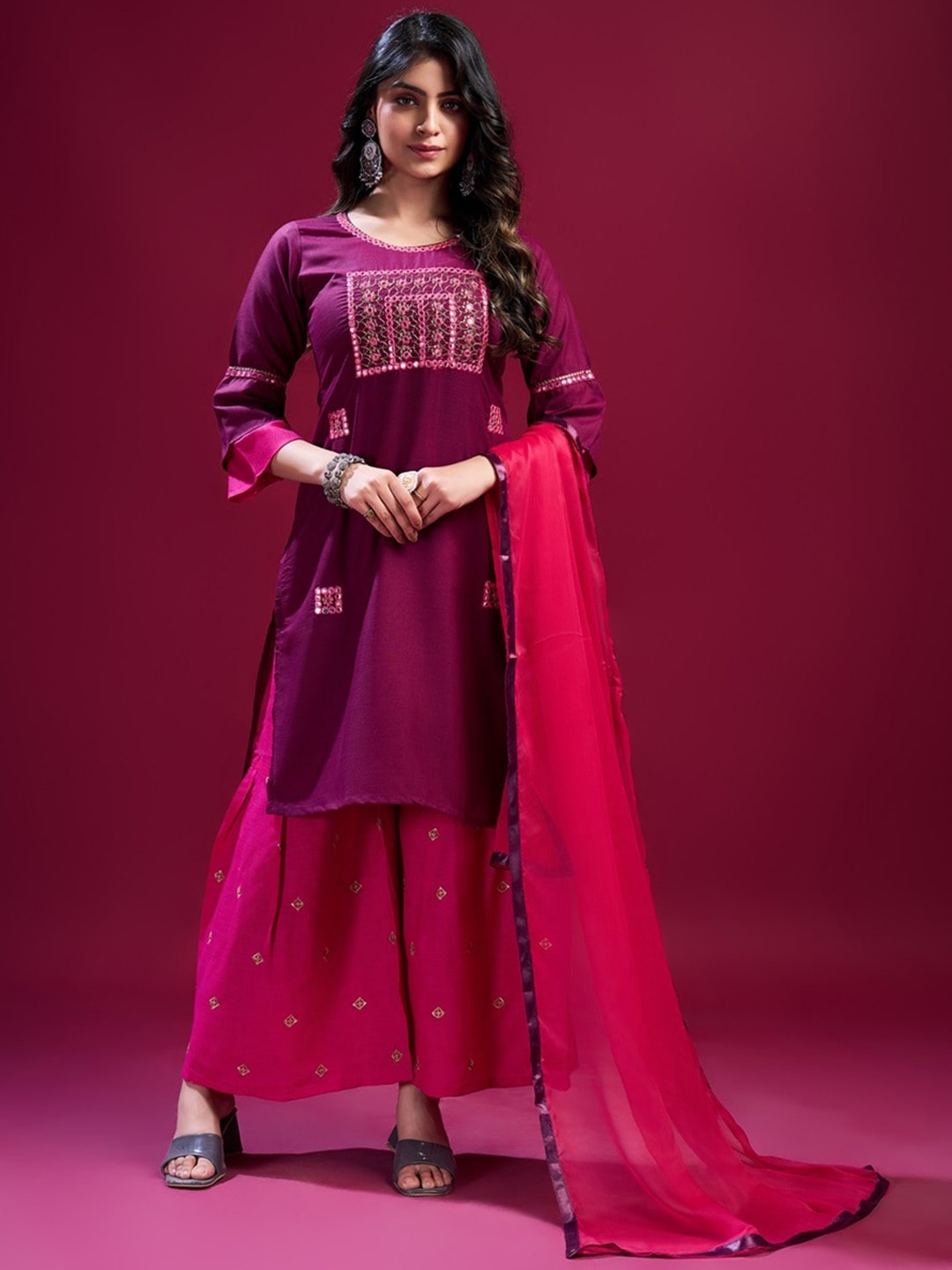 

Fashion FRICKS Women Embroidered Regular Mirror Work Kurti with Sharara & With Dupatta, Magenta