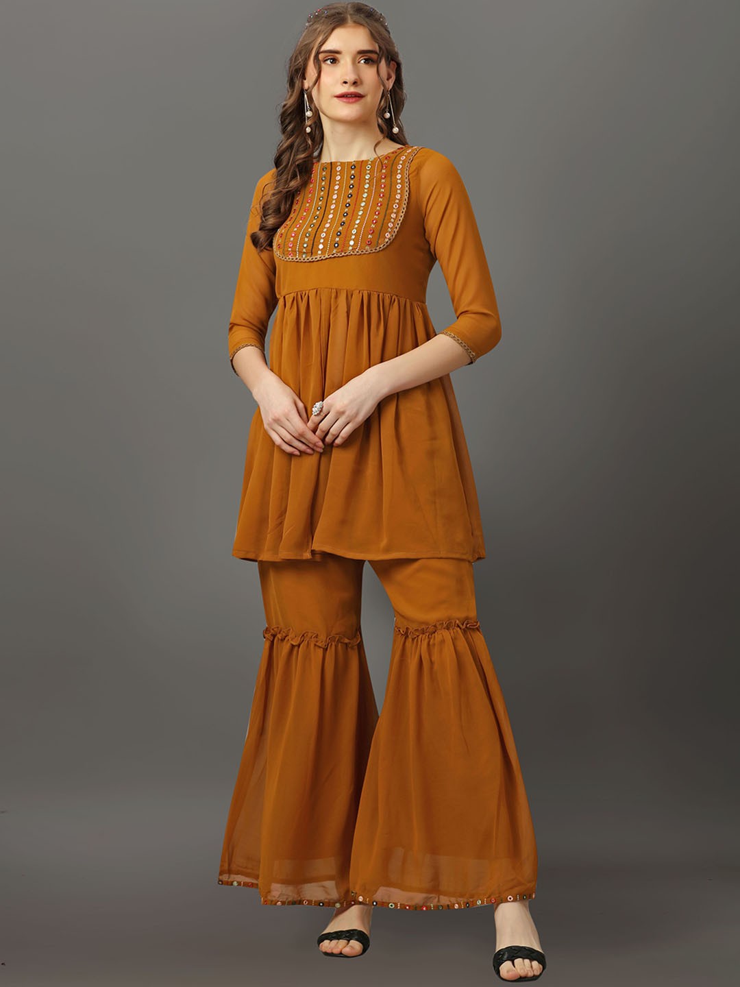 

Fashion FRICKS Women Yoke Design Regular Mirror Work Kurti with Sharara, Mustard