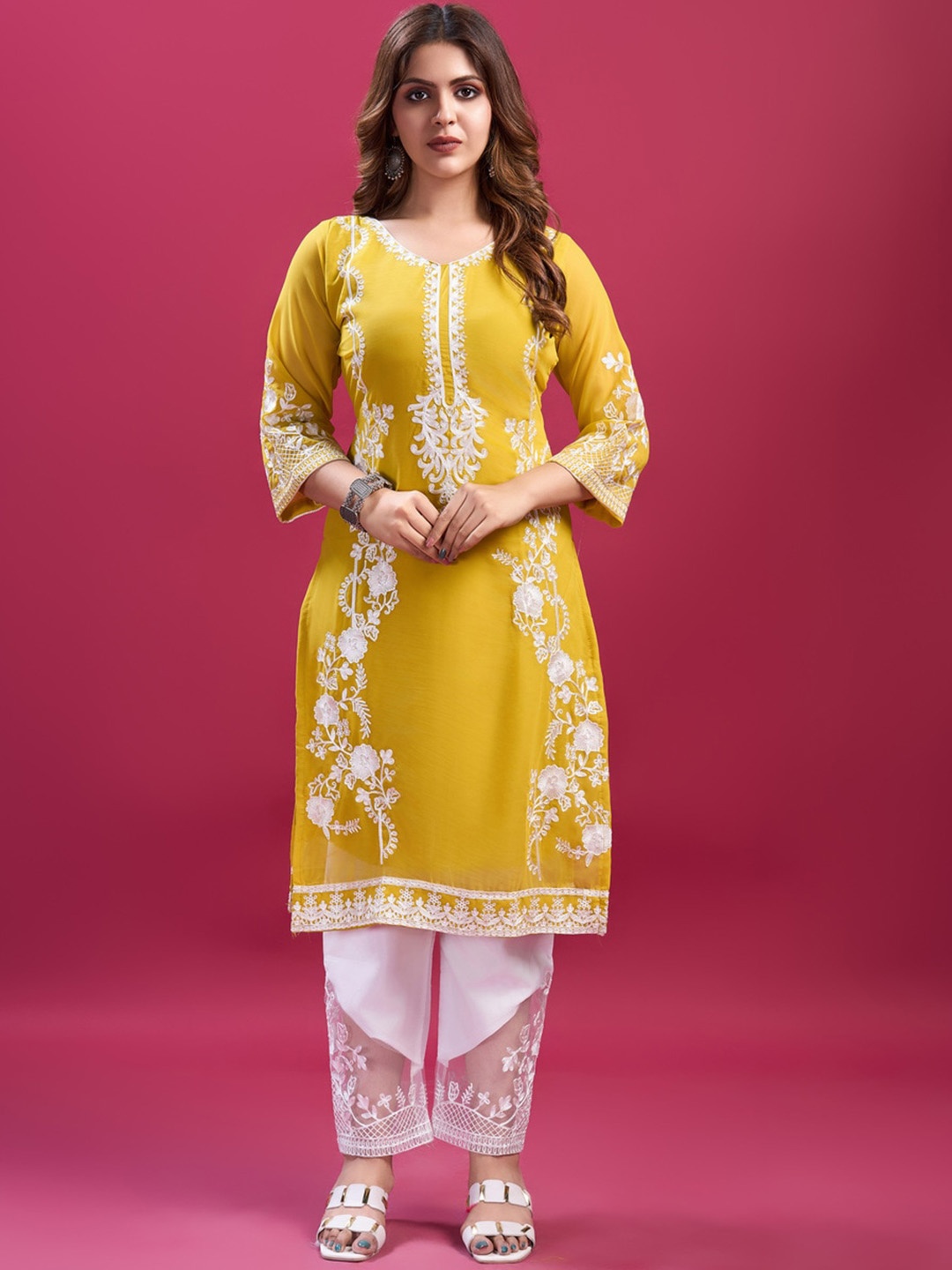 

Fashion FRICKS Embroidered Regular Kurta with Trouser, Yellow