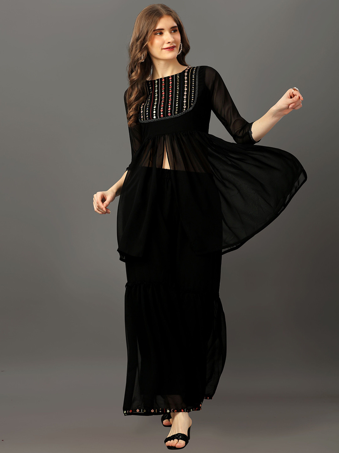 

Fashion FRICKS Geometric Embroidered Mirror Work A-Line Kurti with Sharara, Black