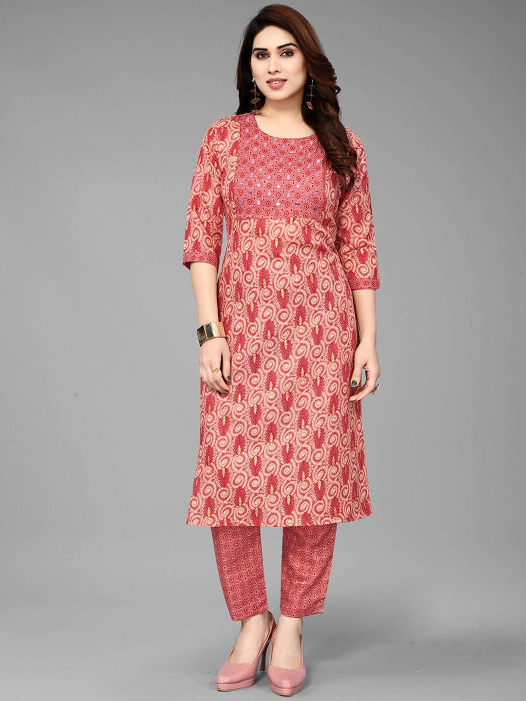 

Fashion FRICKS Ethnic Motifs Embroidered Regular Mirror Work Kurta with Trousers, Pink