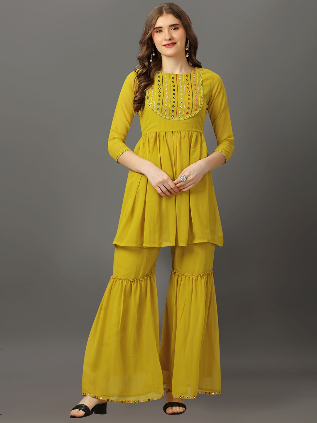 

Fashion FRICKS Embroidered Regular Kurti with Sharara, Yellow
