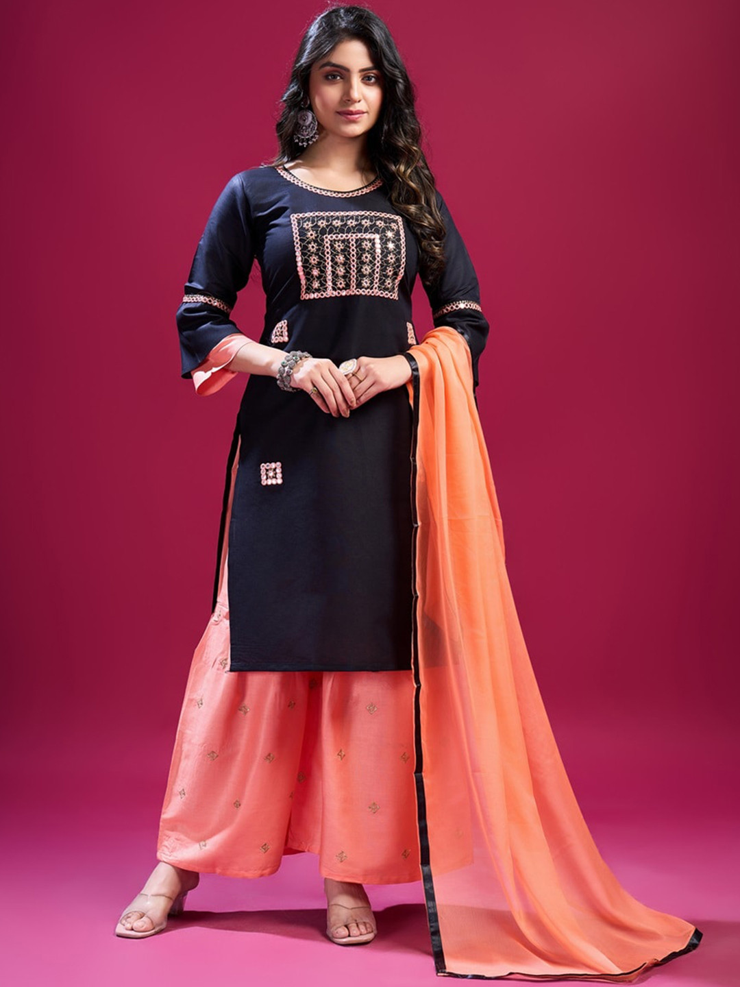 

Fashion FRICKS Women Ethnic Motifs Embroidered Regular Mirror Work Kurta with Sharara & With Dupatta, Black