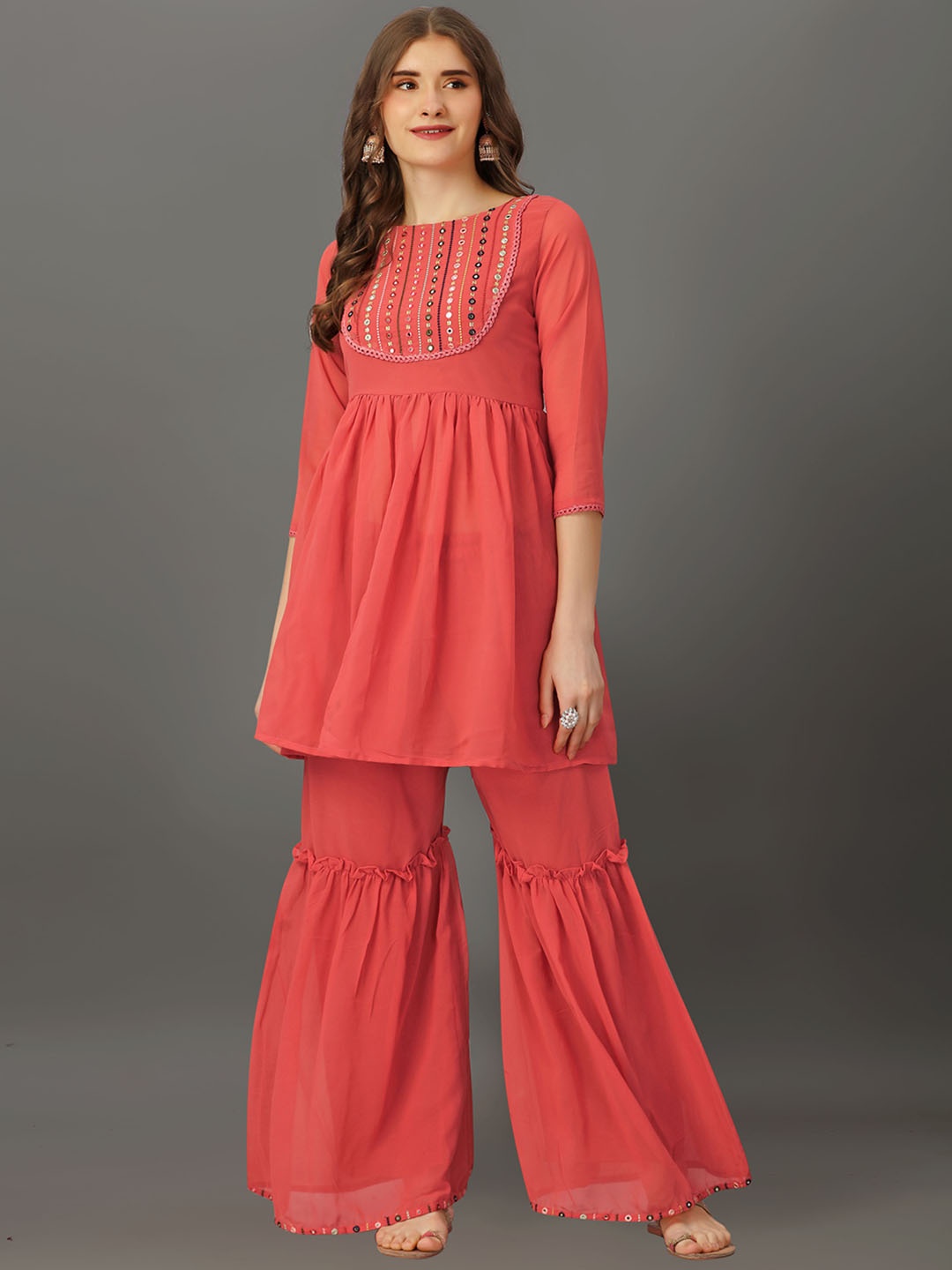 

Fashion FRICKS Yoke Design Round Neck Three-Quarter Sleeves Kurti with Sharara, Pink