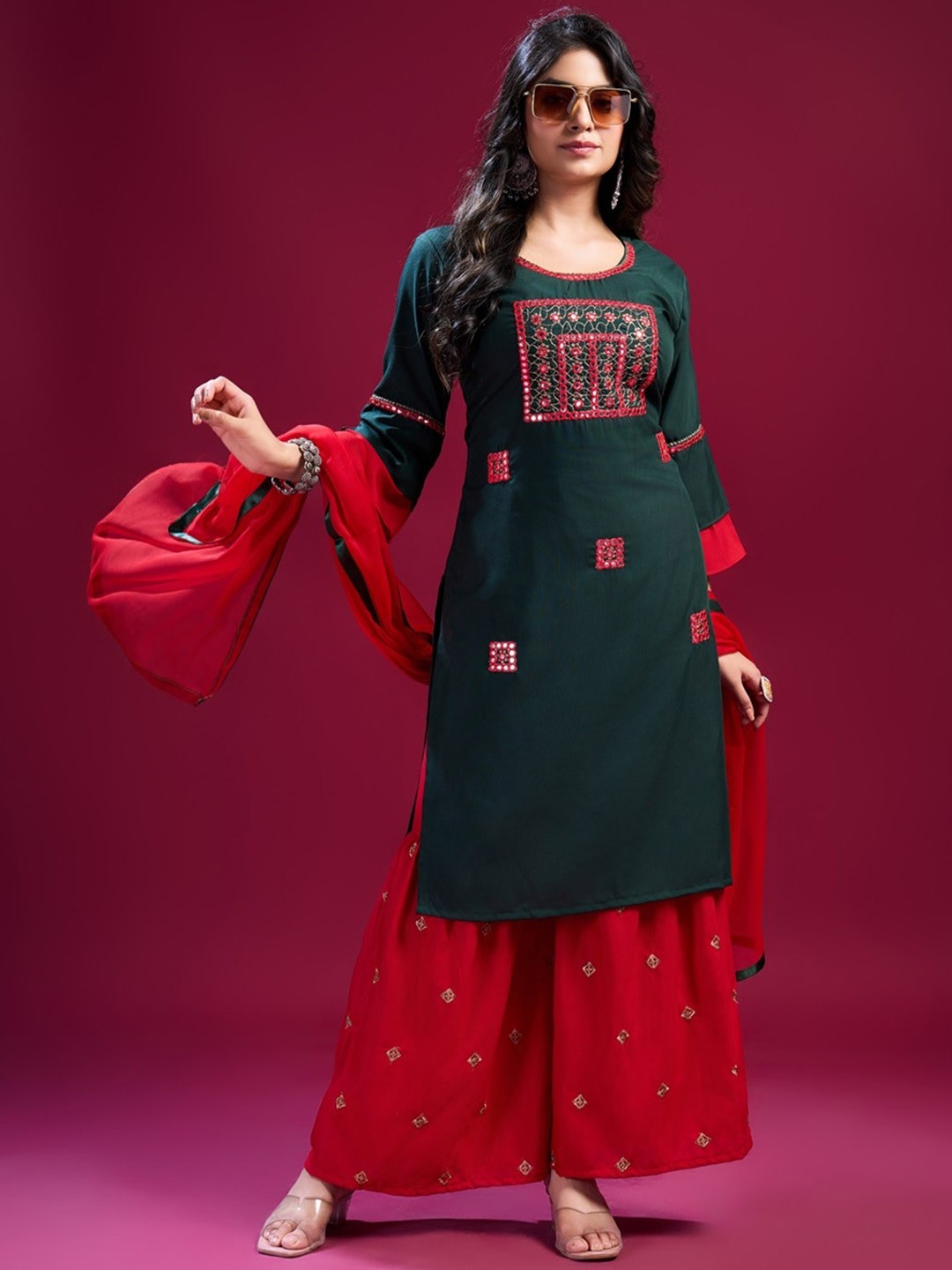 

Fashion FRICKS Embroidered Regular Thread Work Kurta with Sharara & With Dupatta, Green