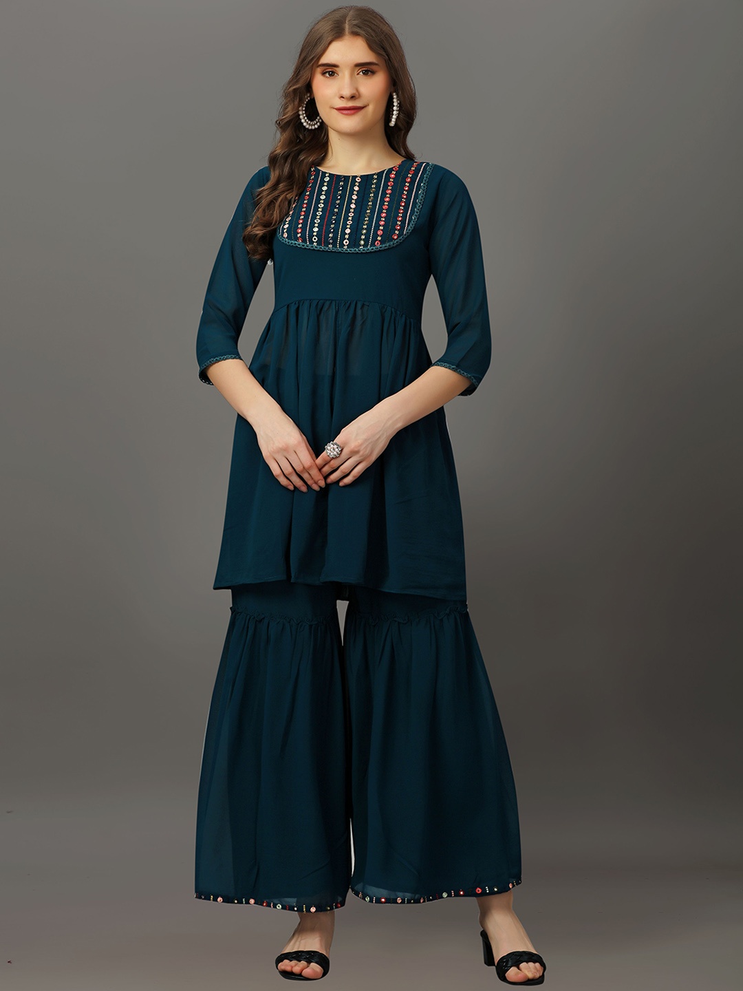 

Fashion FRICKS Embroidered Regular Kurai with Sharara, Turquoise blue