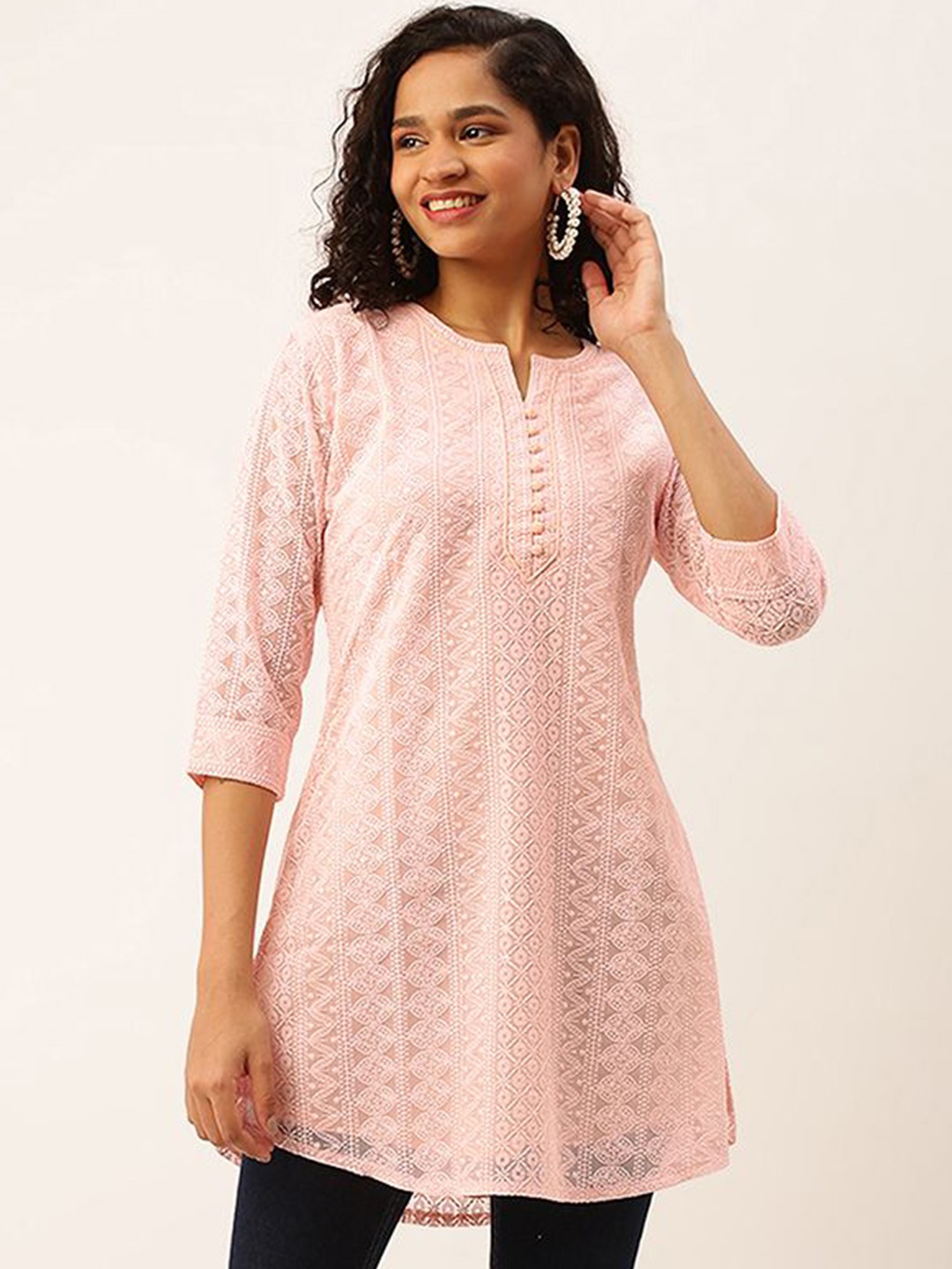 

ODETTE Women Ethnic Motifs Georgette Kurta, Peach
