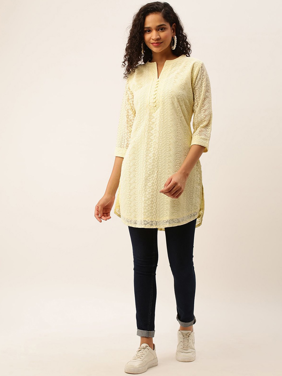 

ODETTE Women Ethnic Motifs Thread Work Georgette Pathani Kurta, Yellow