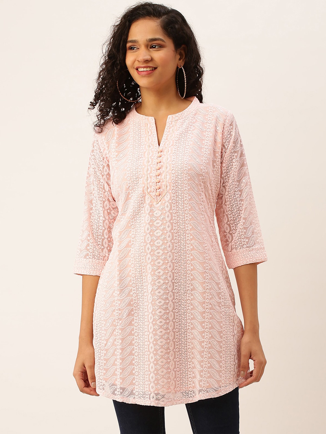 

ODETTE Women Geometric Flared Sleeves Chikankari Georgette Kurta, Peach