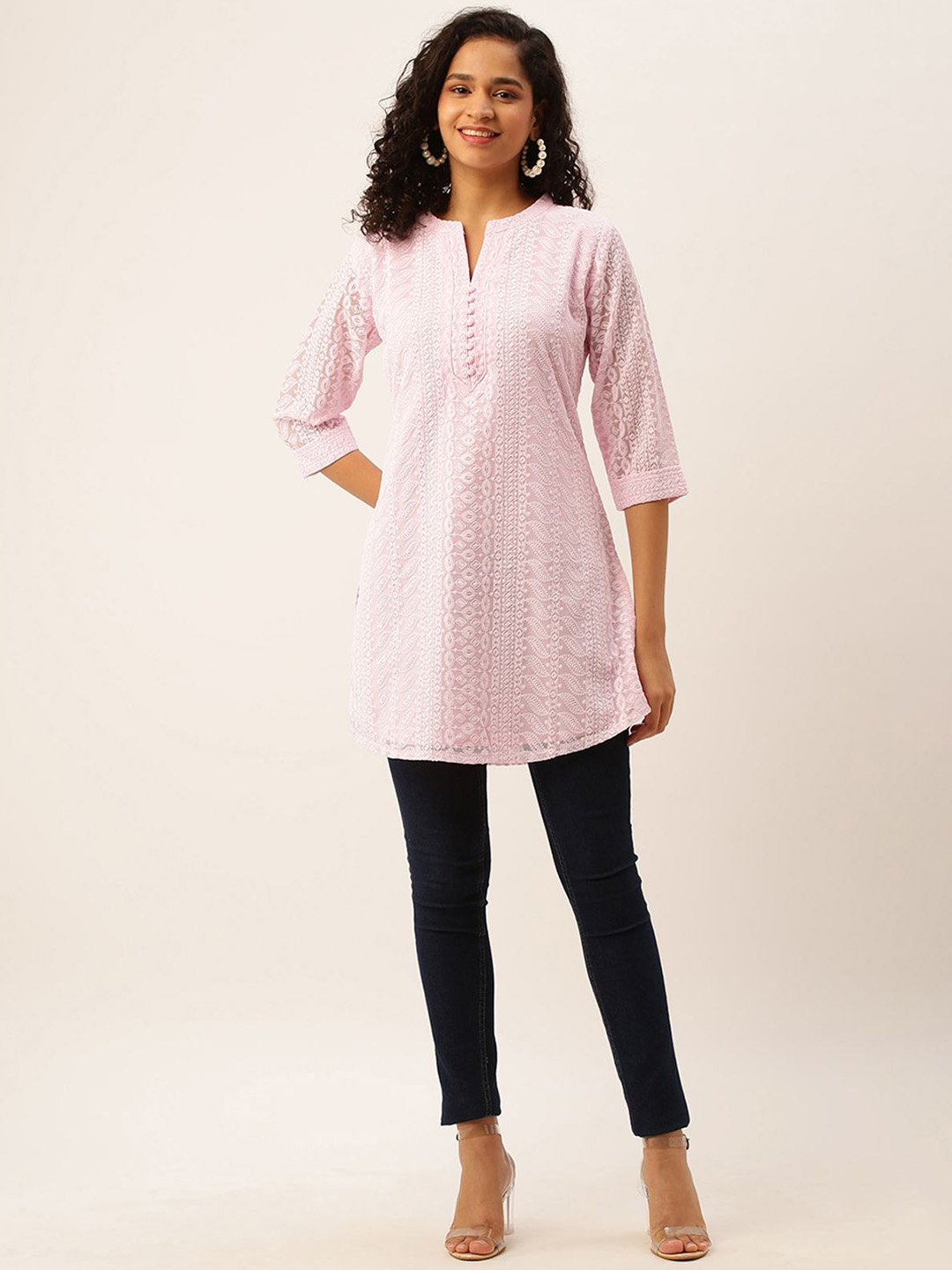 

ODETTE Women Geometric Checked Thread Work Georgette Kurta, Pink