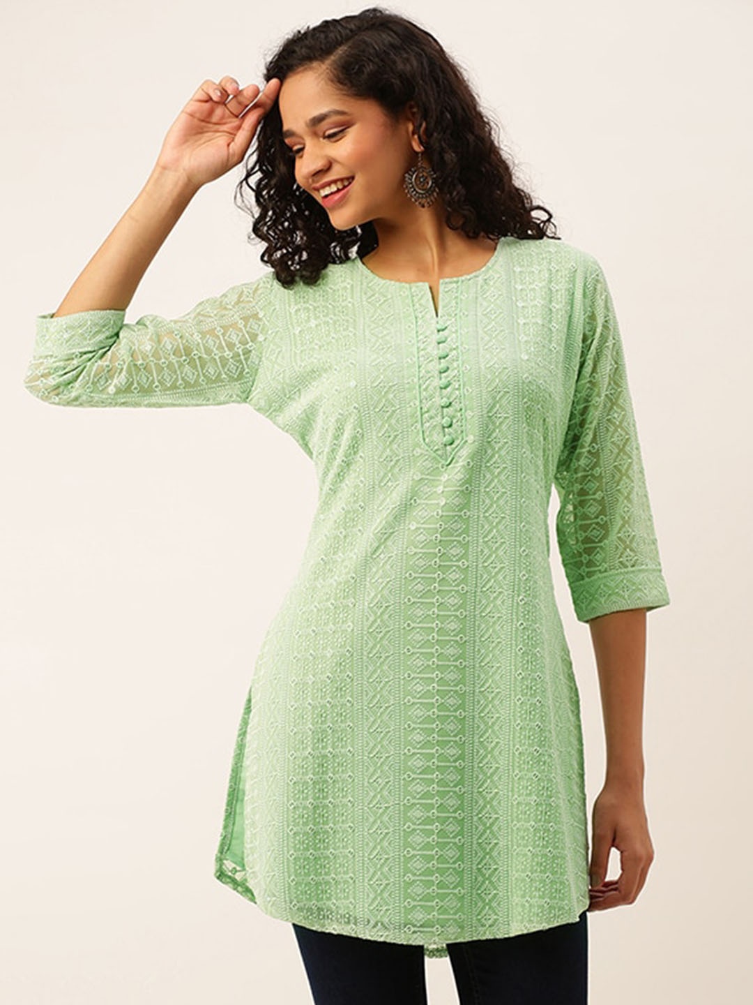 

ODETTE Women Geometric Printed Keyhole Neck Flared Sleeves Thread Work Georgette Kurta, Lime green