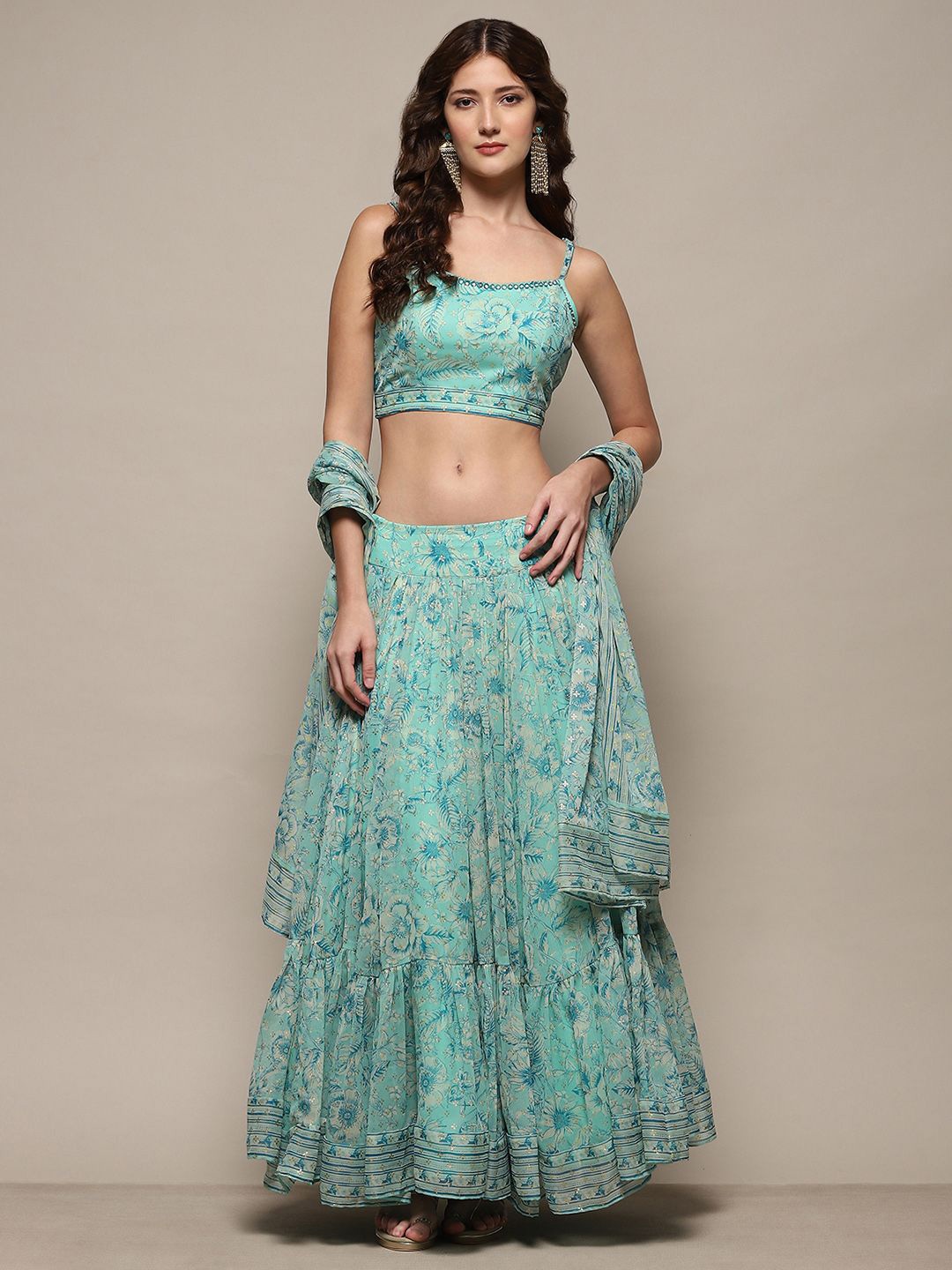 

Biba Women Printed Ready to Wear Lehenga & Blouse With Dupatta, Sea green