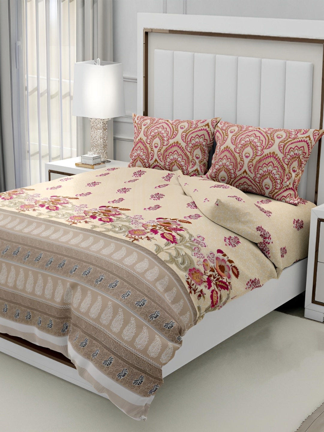 Signature Beige & Purple Floral 160 TC King Bedsheet with 2 Pillow Covers