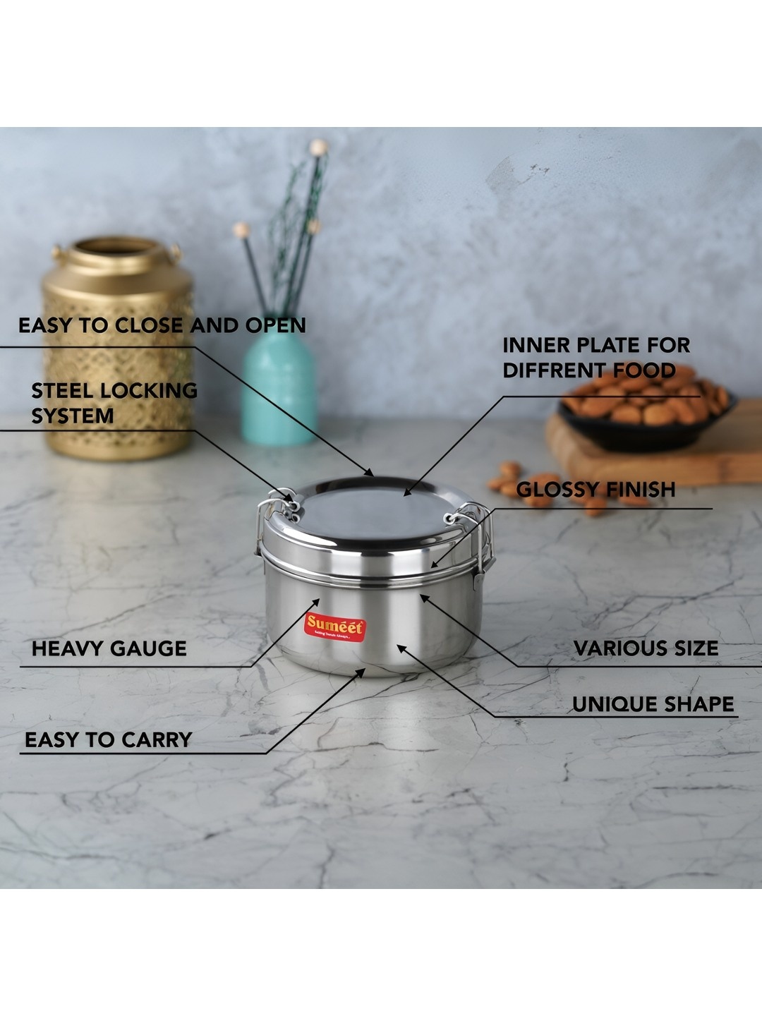 

Sumeet 2-Pcs Stainless Steel Lunch Box With Separator Plate & Locking Clip