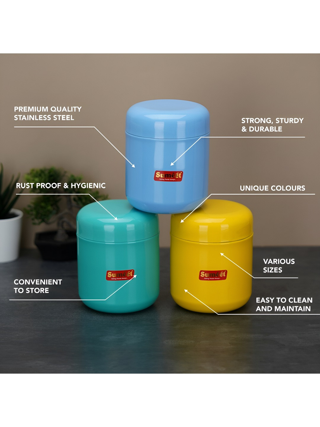

Sumeet 6-Pcs Blue & Yellow Stainless Steel Storage Containers