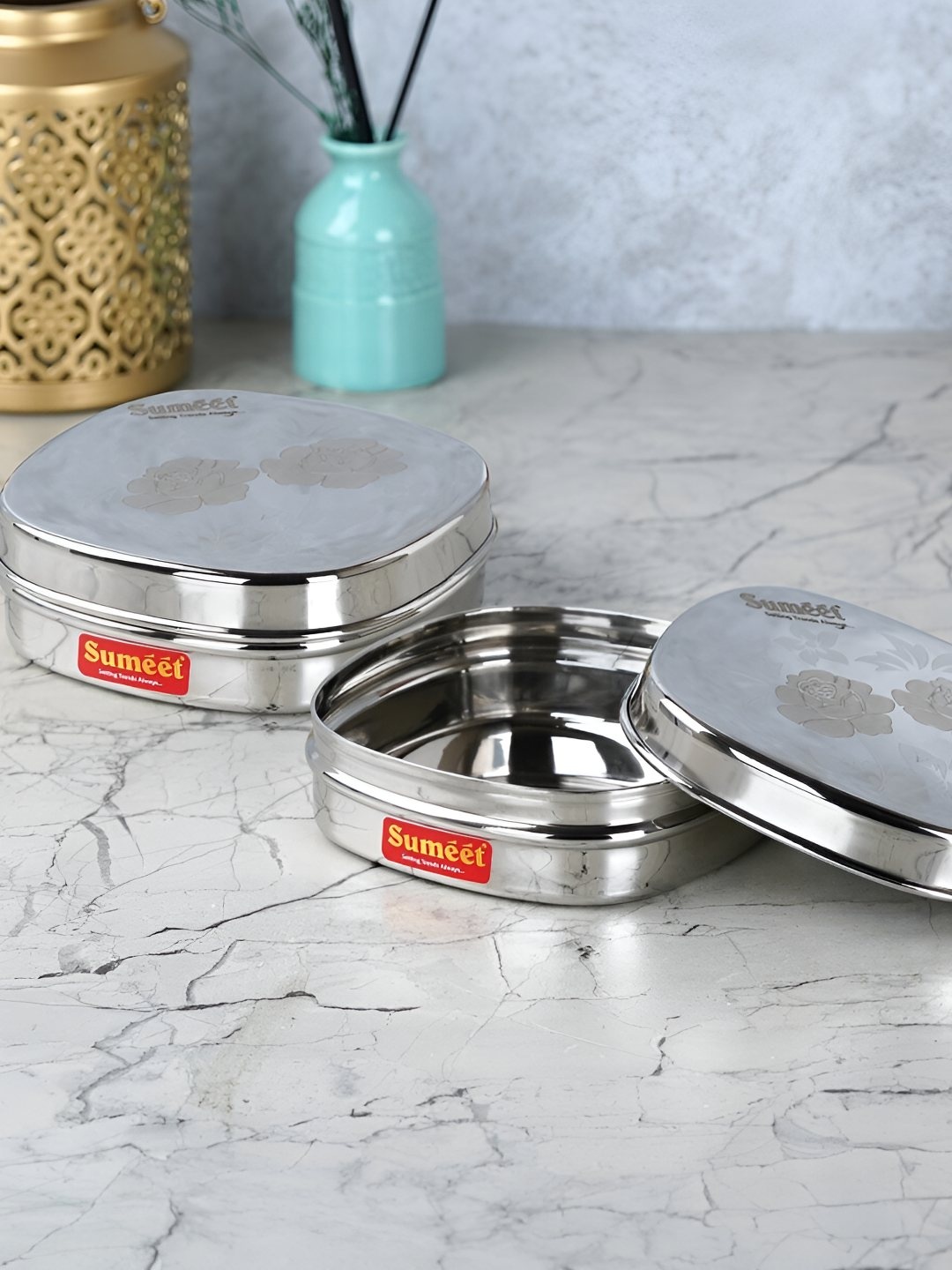 

Sumeet 2-Pcs Stainless Steel Designer Square Storage Containers - 350ml Each