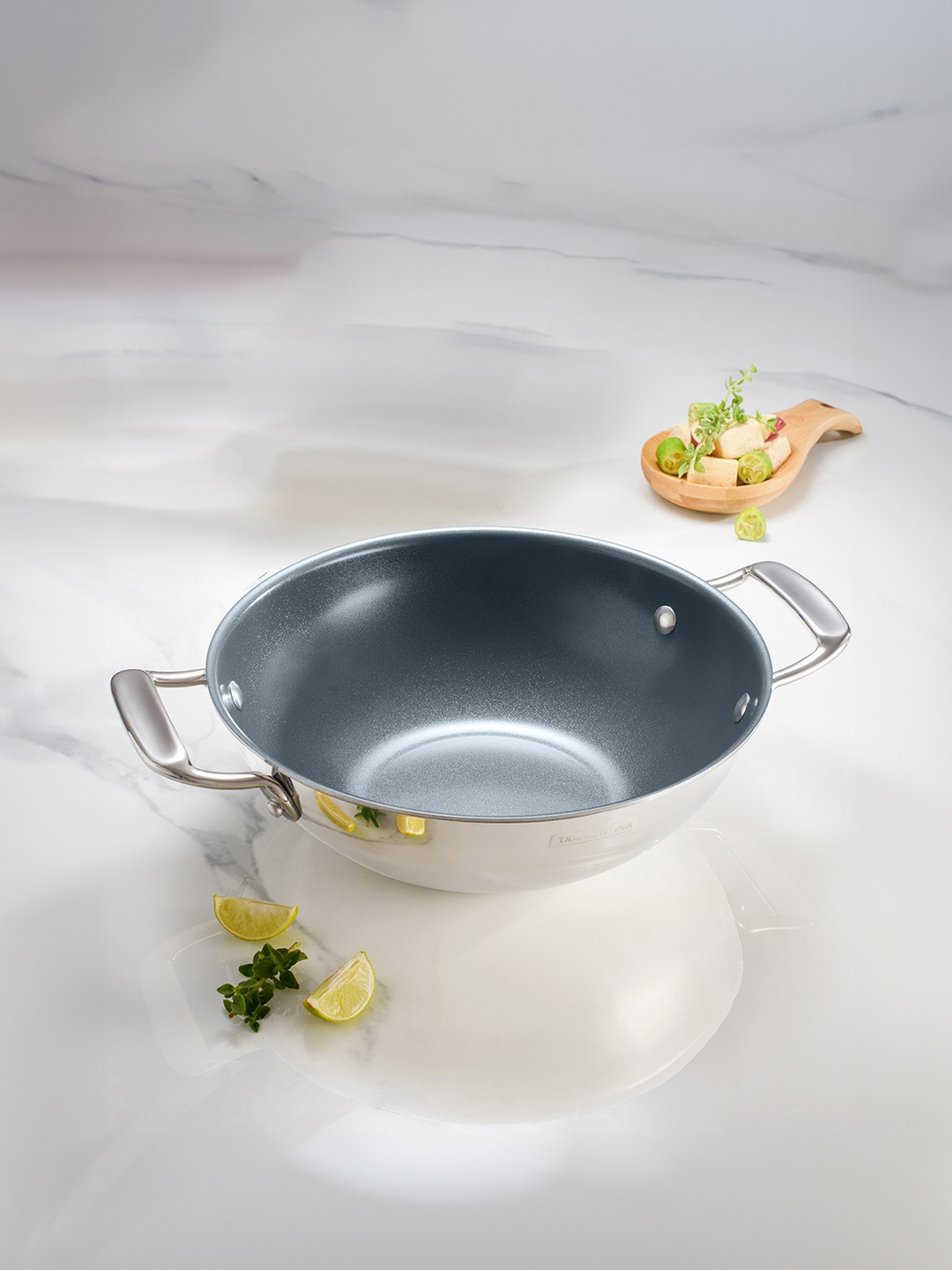 

Tramontina Fusao Non Toxic SS Ceramic Triply Induction Base Kadai with lid 20cm, Silver