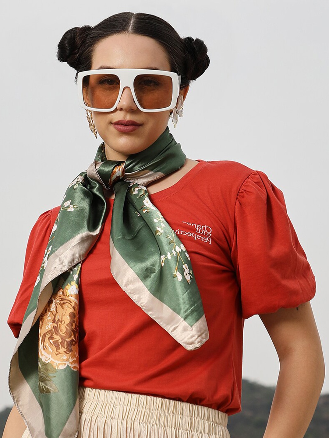 

Campus Sutra Puff Sleeves Cotton Top, Red