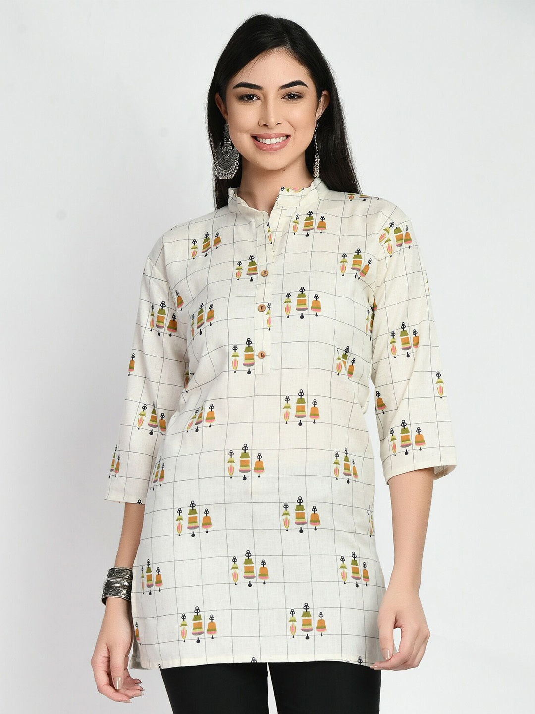 

AnjuShree Choice Geometric Printed Mandarin Collar Cotton Tunic, Off white