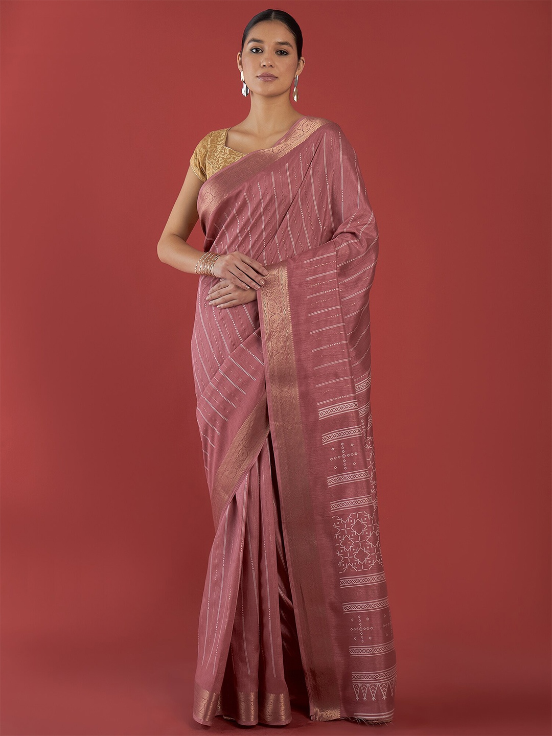 

all about you Striped Zari Silk Cotton Tussar Saree, Orange