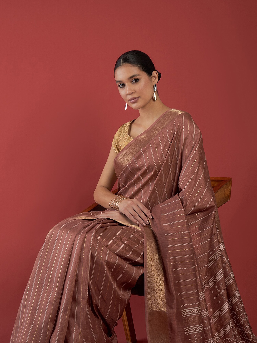 

all about you Striped Zari Silk Cotton Tussar Saree, Rust