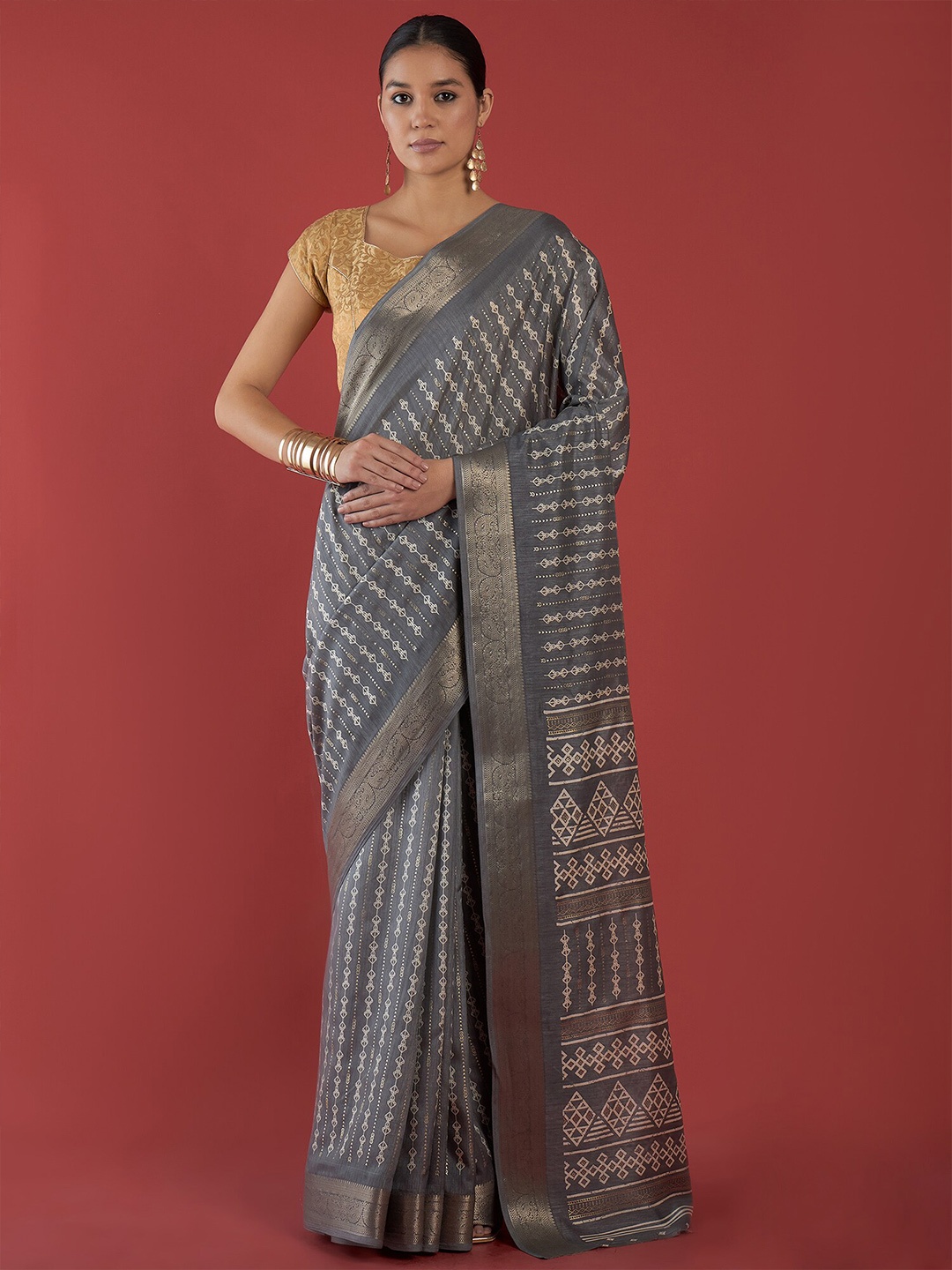 

all about you Geometric Zari Silk Cotton Tussar Saree, Grey