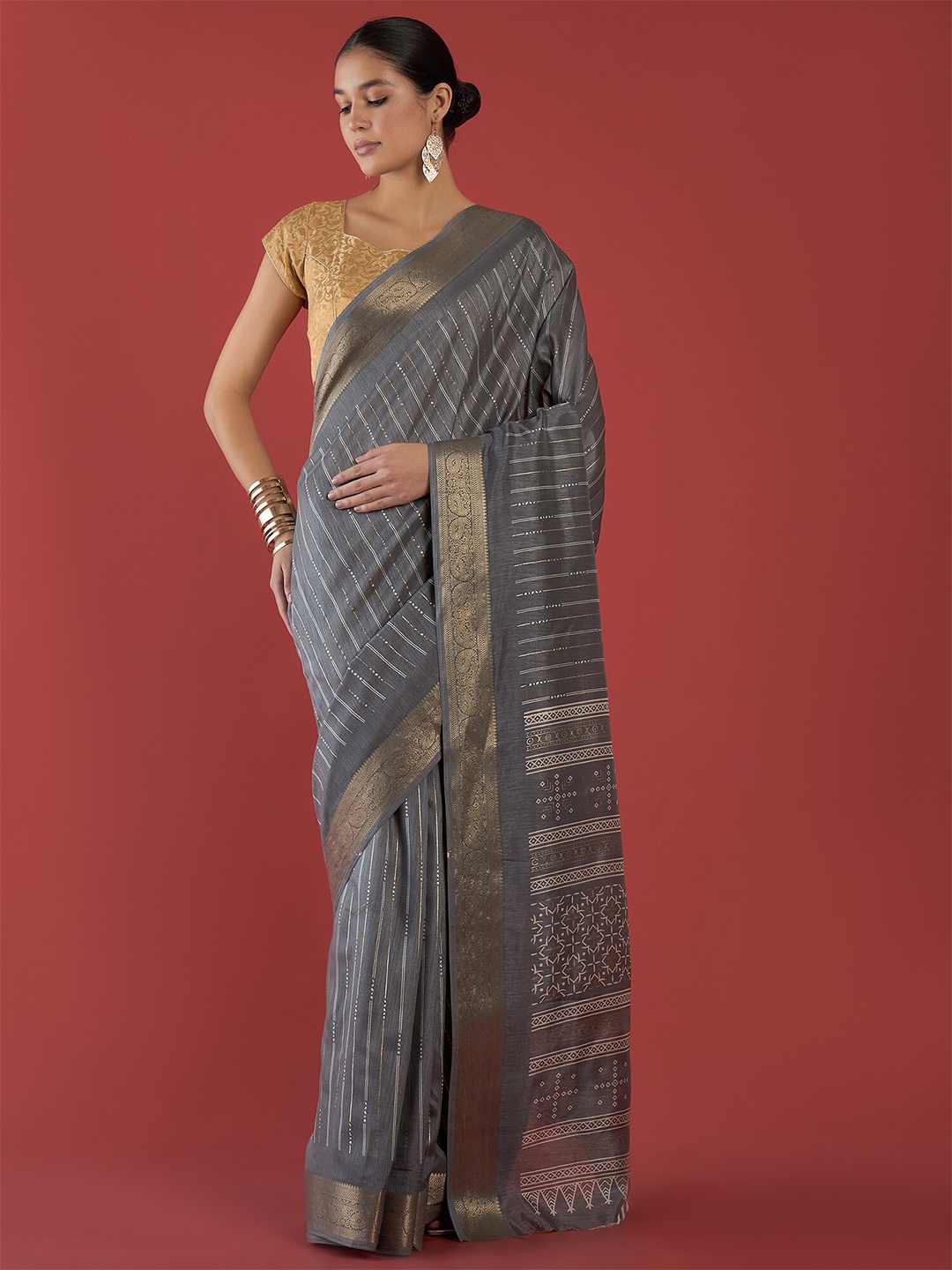 

all about you Striped Zari Silk Cotton Saree With Blouse Piece, Grey