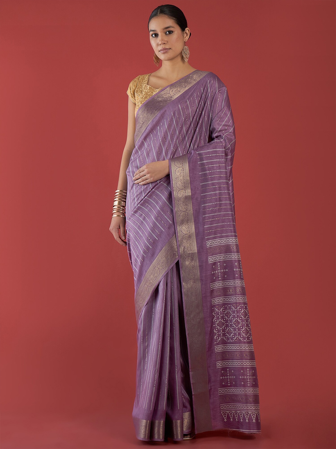 

all about you Striped Zari Silk Cotton Tussar Saree, Lavender