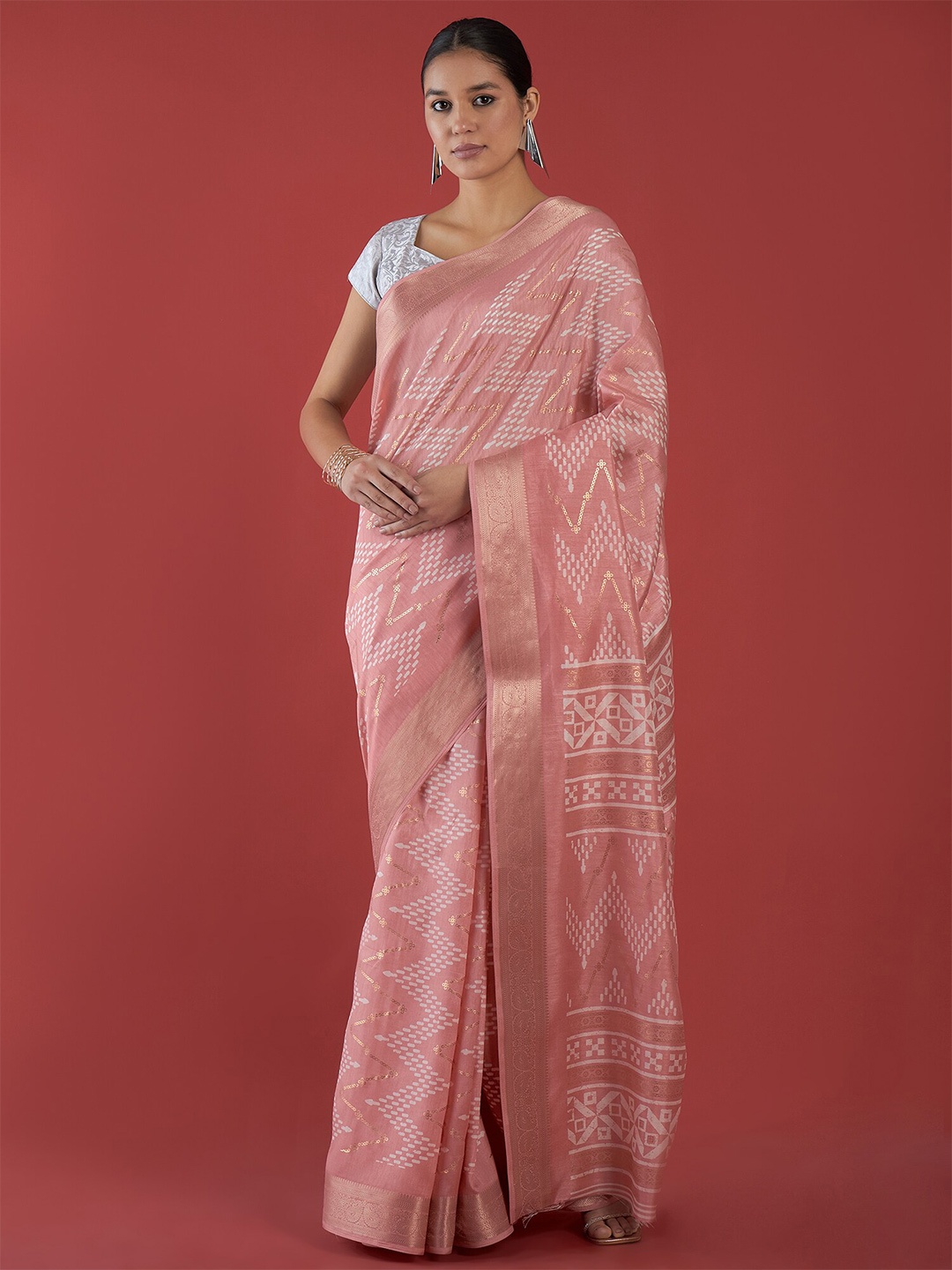 

all about you Zari Silk Cotton Tussar Saree, Peach