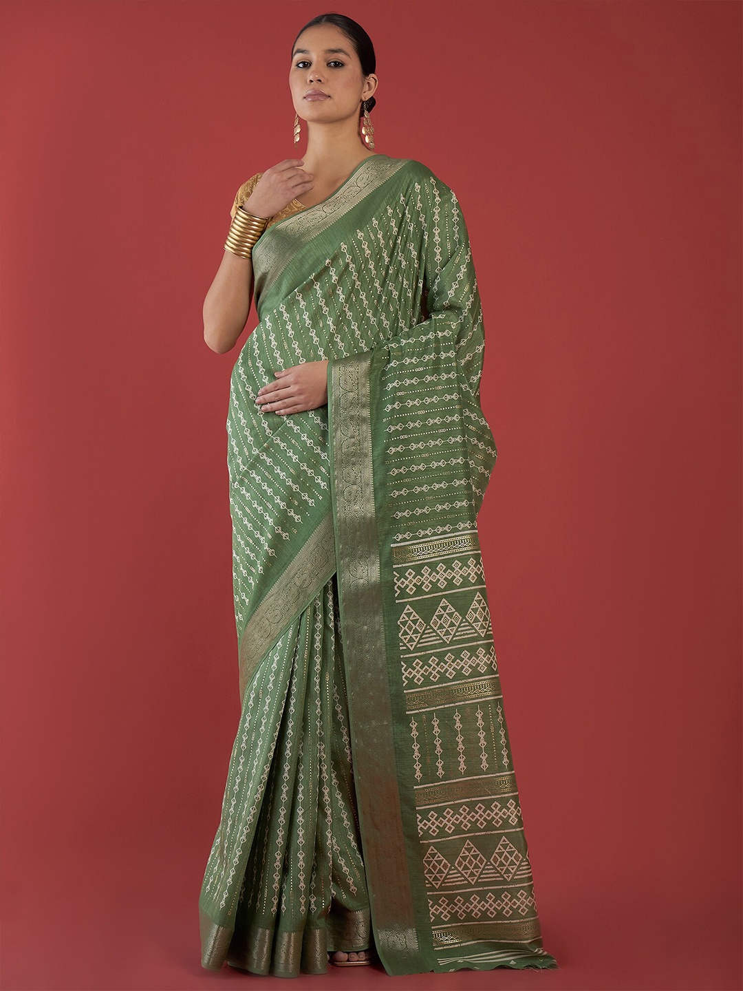 

all about you Geometric Zari Silk Cotton Tussar Saree, Green