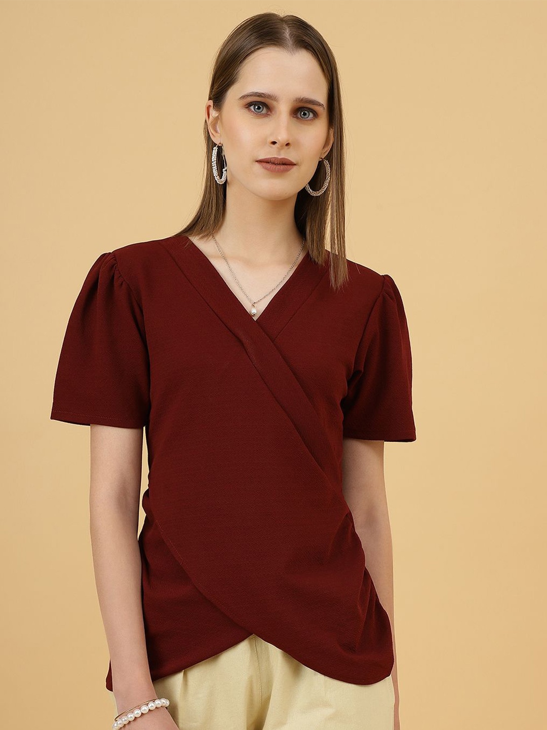 

Wool Trees V-Neck Puff Sleeves Wrap Top, Maroon