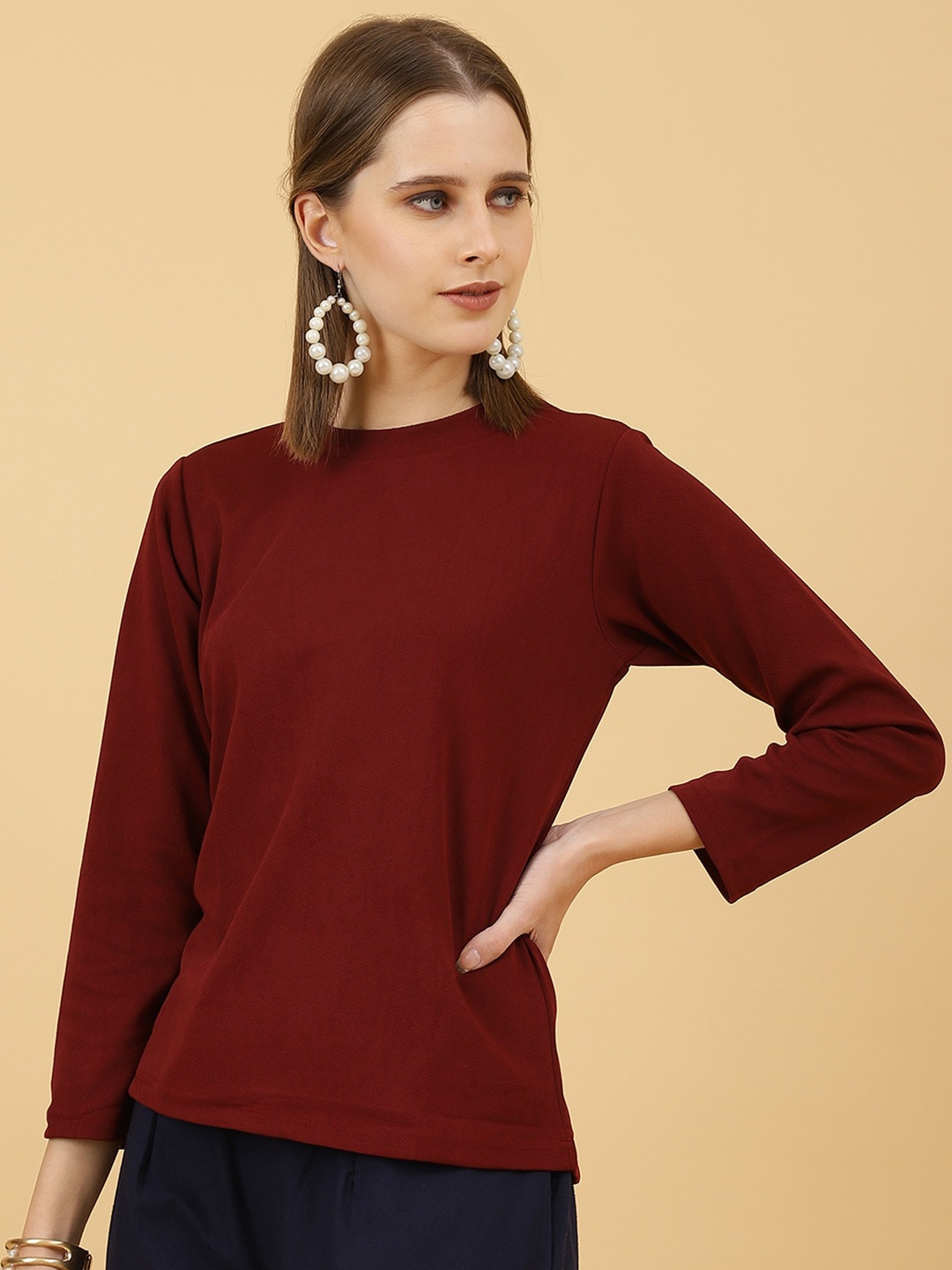 

Wool Trees Round Neck Long Sleeves Regular Top, Maroon