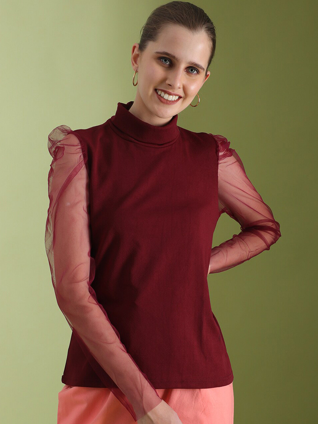 

Wool Trees High Neck Puff Sleeves Regular Top, Maroon