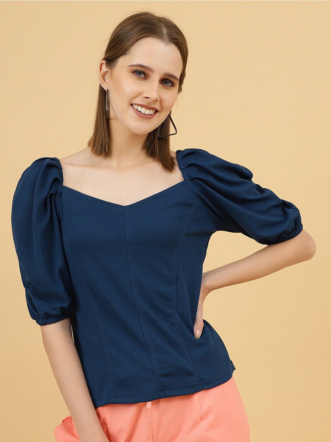 

Wool Trees Sweetheart Neck Puff Sleeves Top, Turquoise blue