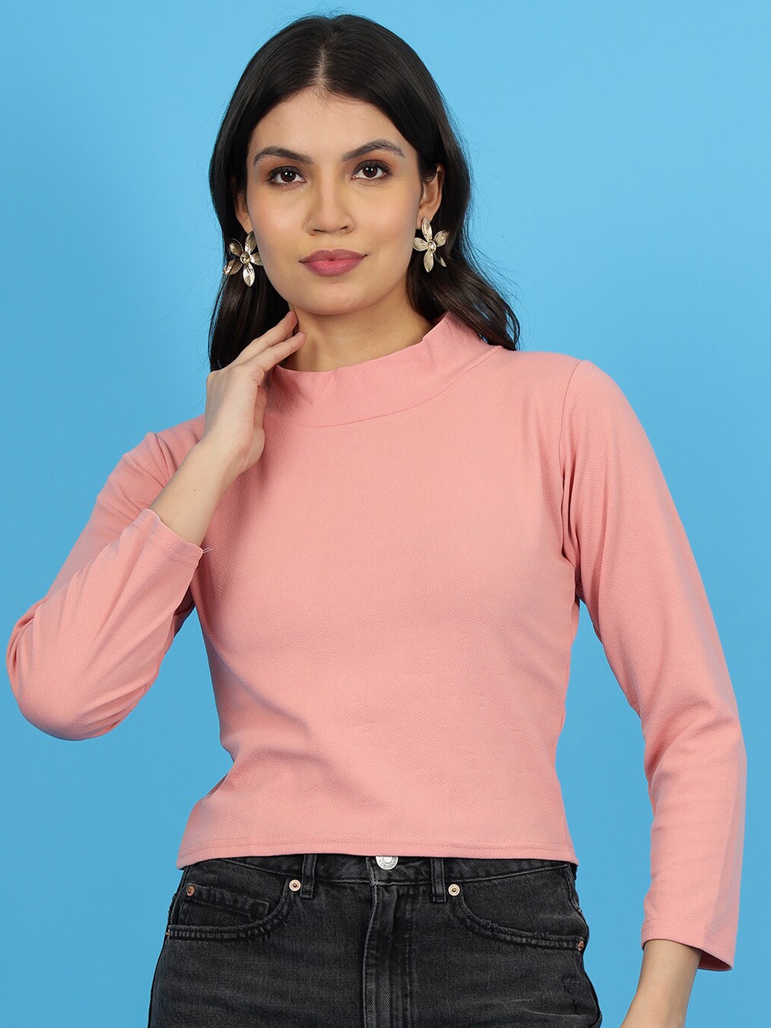 

Wool Trees High Neck Long Sleeves Regular Top, Pink