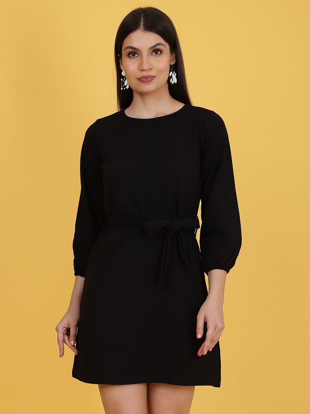 

Wool Trees Bishop Sleeves Sheath Mini Dress With Belt, Black