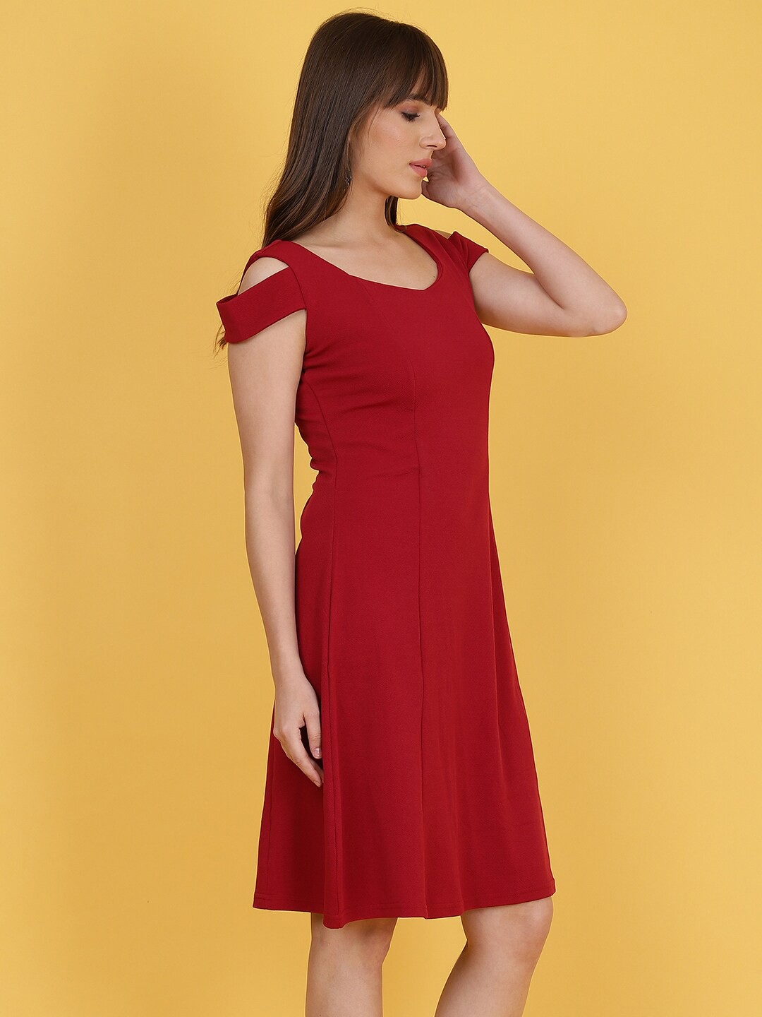 

Wool Trees Round Neck Cap Sleeves Fit & Flare Dress, Maroon
