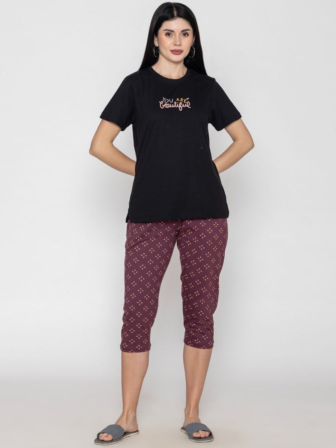 

TITTLI Women Printed Pure Cotton Nightsuit, Black