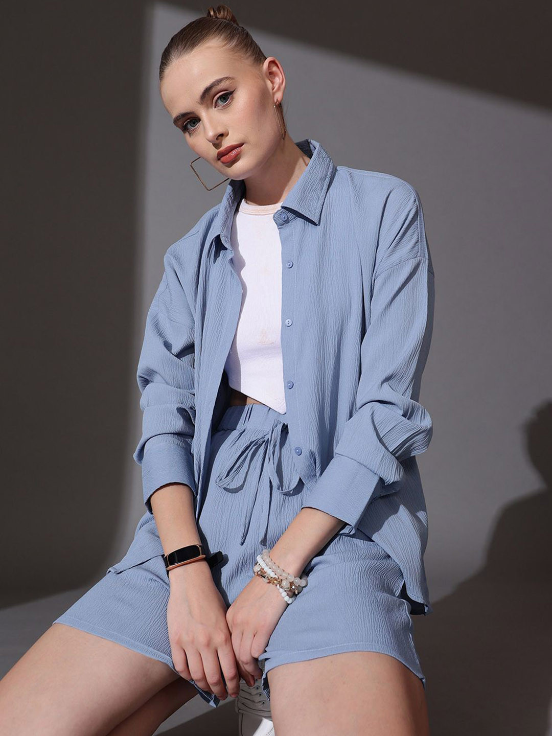 

STREET 9 Self Design Shirt Collar Neck Shirt With Shorts Co-Ords, Blue