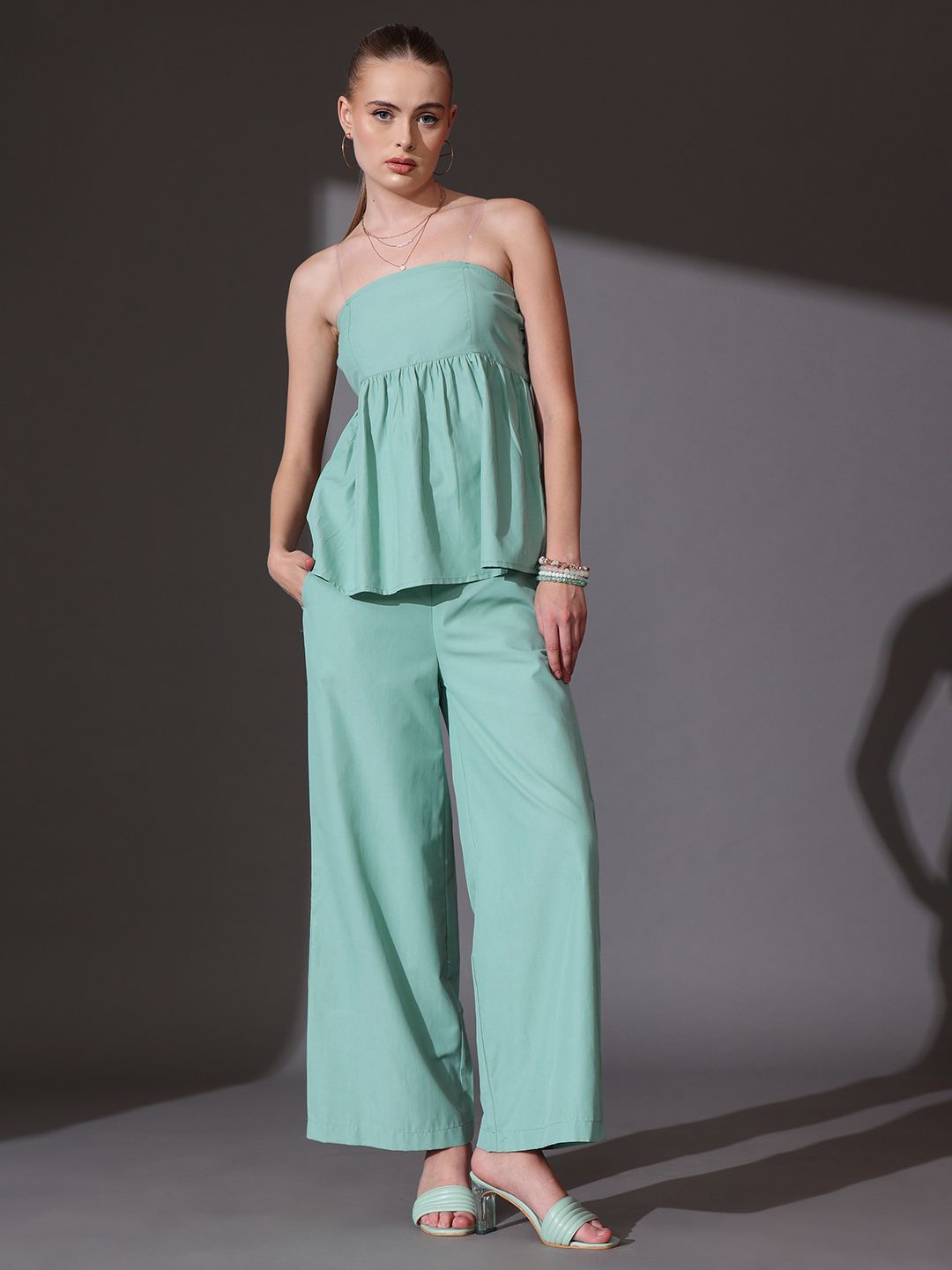 

STREET 9 Solid Off Shoulder Top With Flared Trousers Co-Ords, Sea green