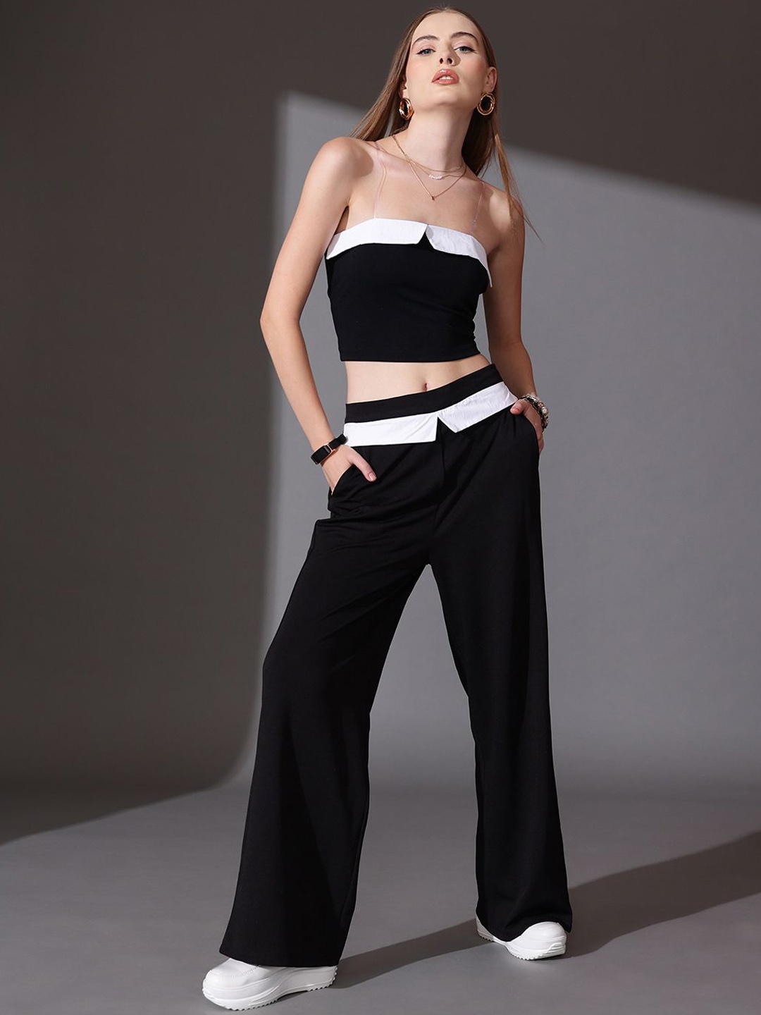 

STREET 9 Solid Off Shoulder Top With Flared Trousers Co-Ords, Black