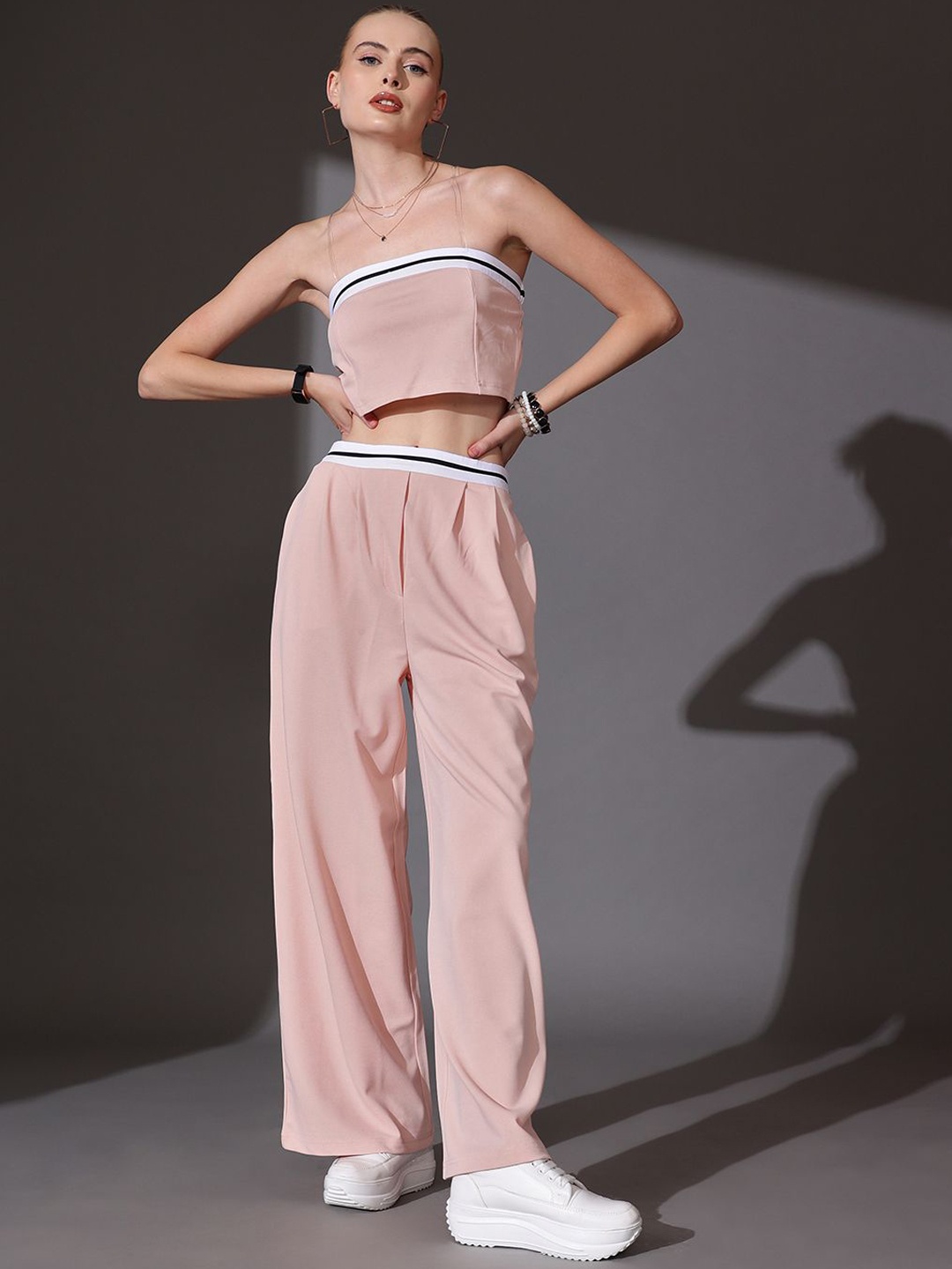 

STREET 9 Solid Off Shoulder Crop Top & Trousers Co-Ord Set, Peach