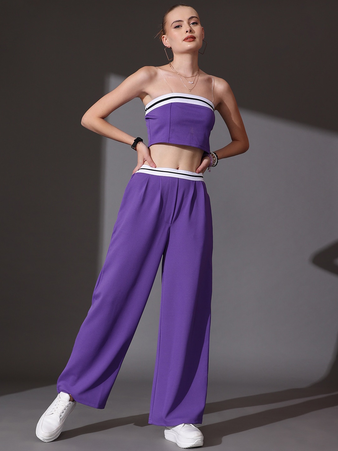 

STREET 9 Solid Off Shoulder Top With Flared Trousers Co-Ords, Purple