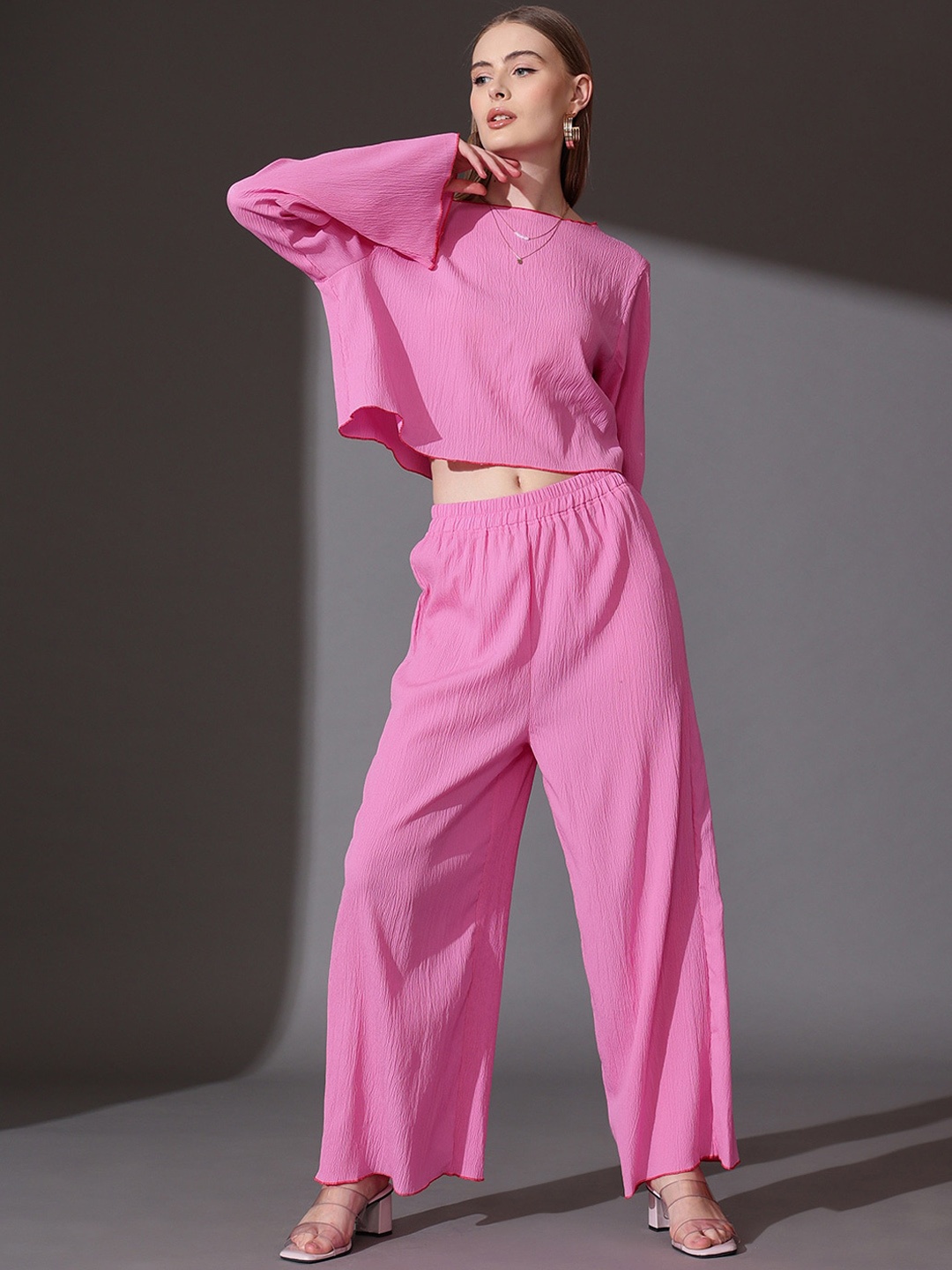 

STREET 9 Self Design Boat-Neck Top & Palazzos Co-ord Set, Pink