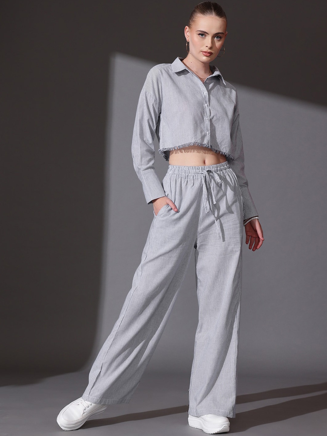 

STREET 9 Striped Pure Cotton striped Shirt With Flared Palazzos Co-Ords, Grey