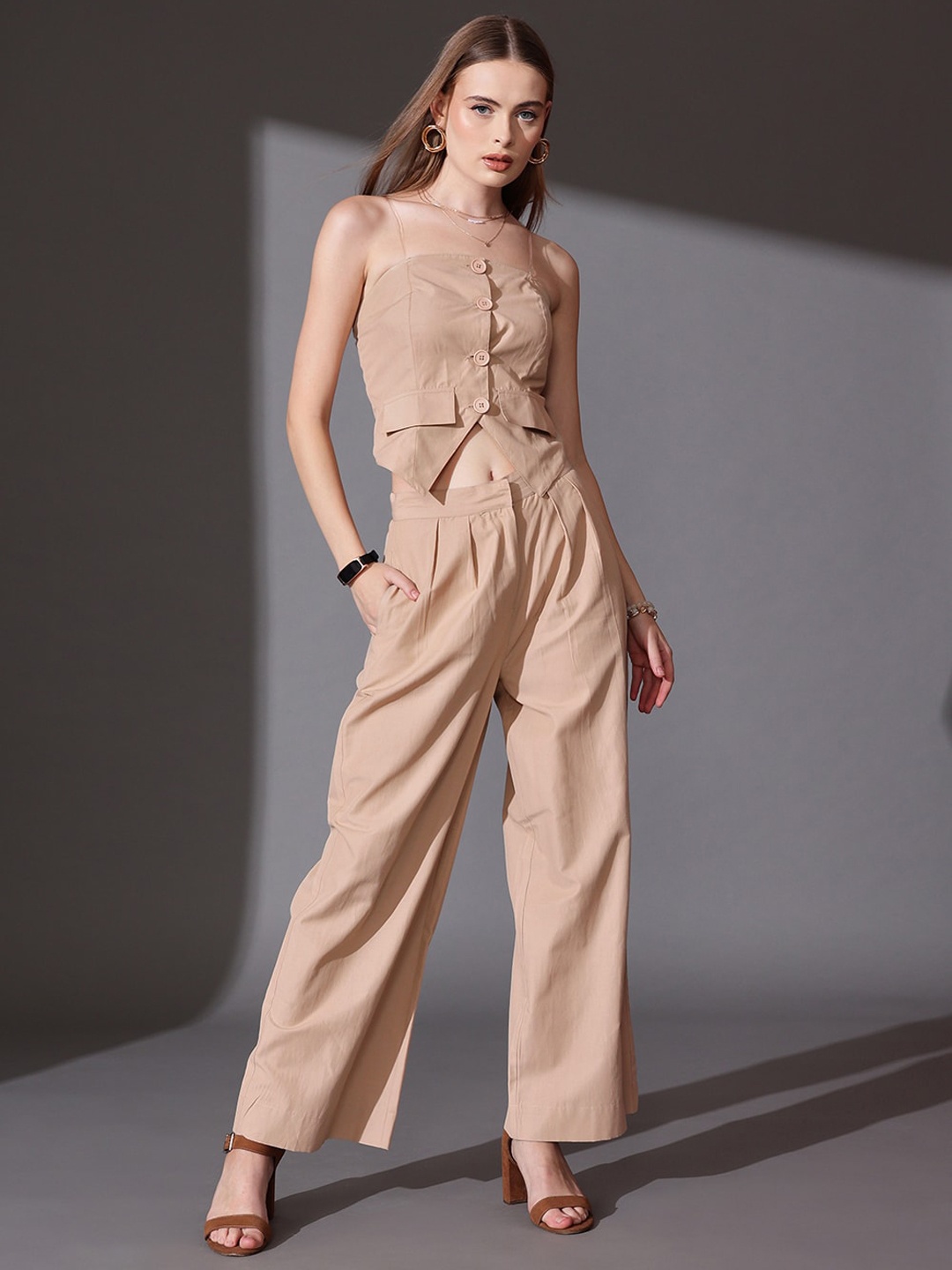 

STREET 9 Solid Off Shoulder Shirt With Flared Trousers Co-Ords, Beige
