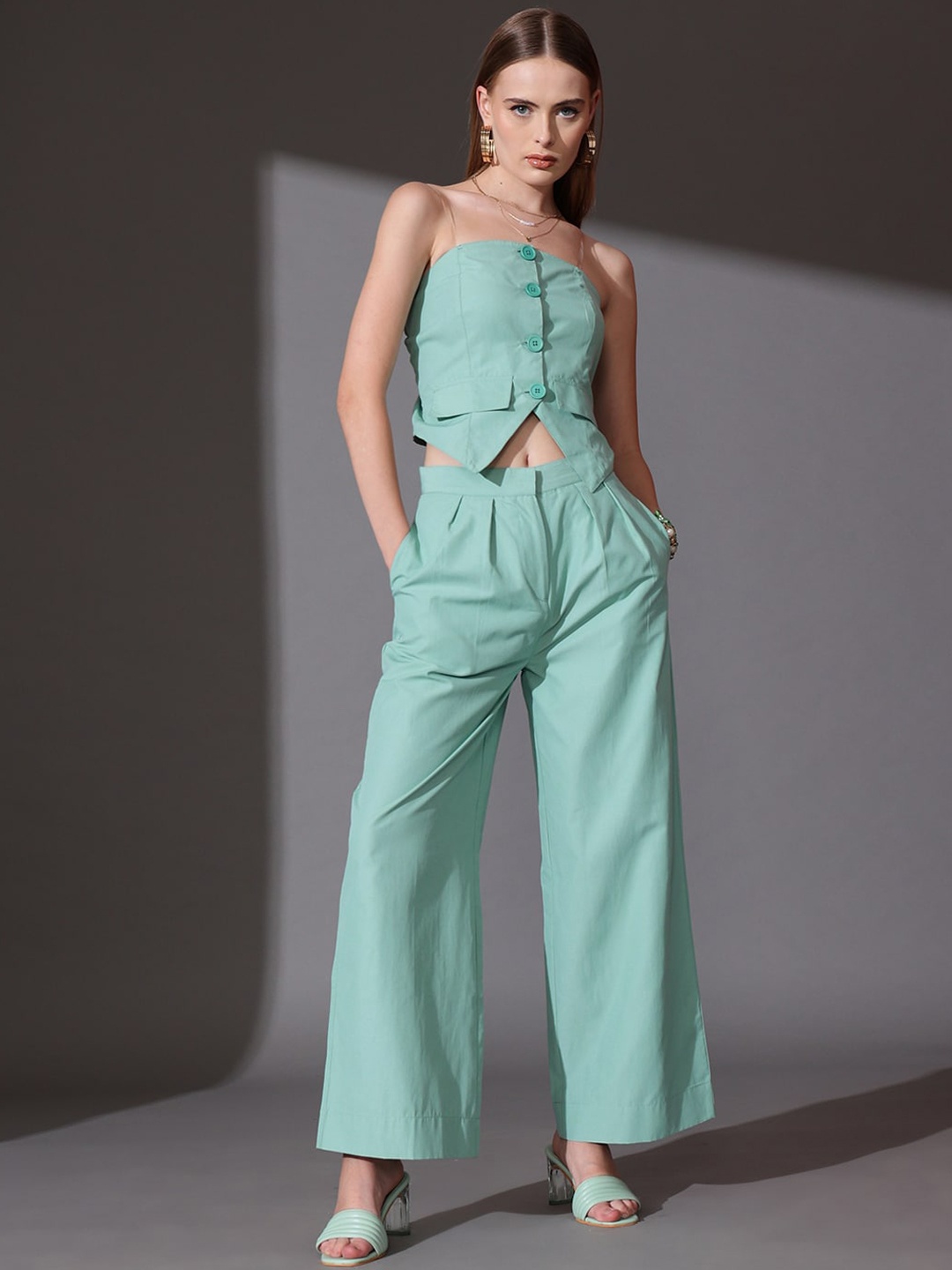 

STREET 9 Solid Off Shoulder Pure Cotton Top & Trousers Co-Ord Set, Sea green