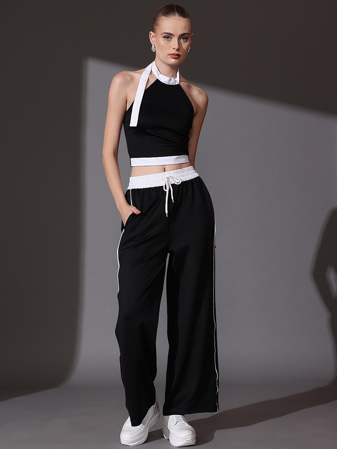 

STREET 9 Pure Cotton Solid Halter Neck Top & Trousers Co-Ord Set, Black