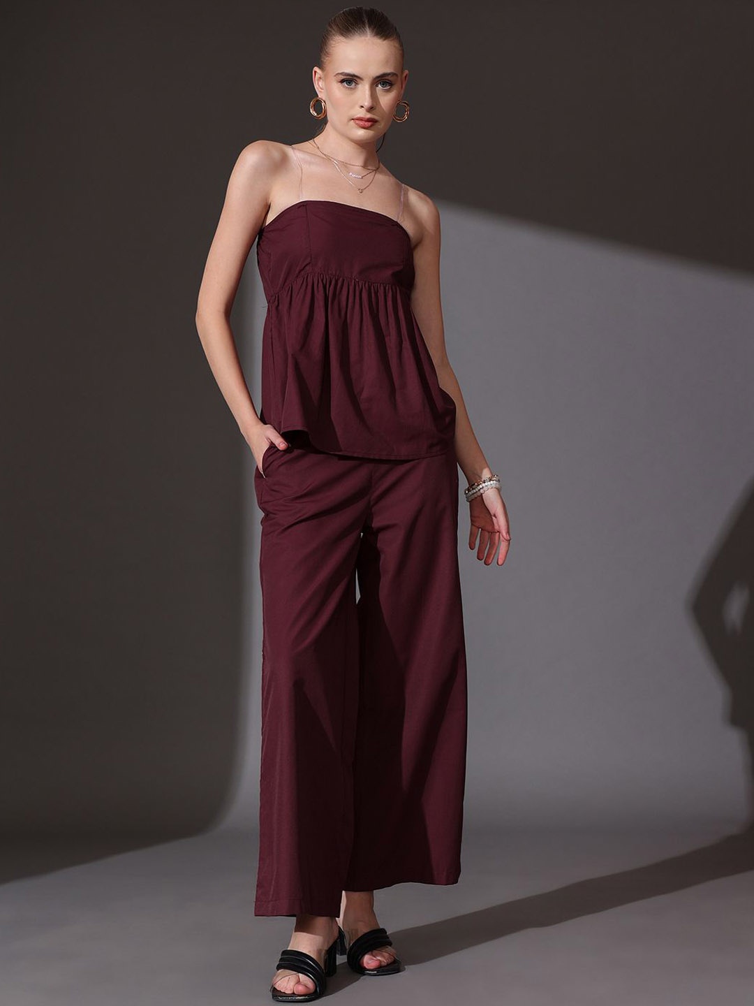 

STREET 9 Solid Off Shoulder Pure Cotton Top & Palazzos Co-Ord Set, Burgundy