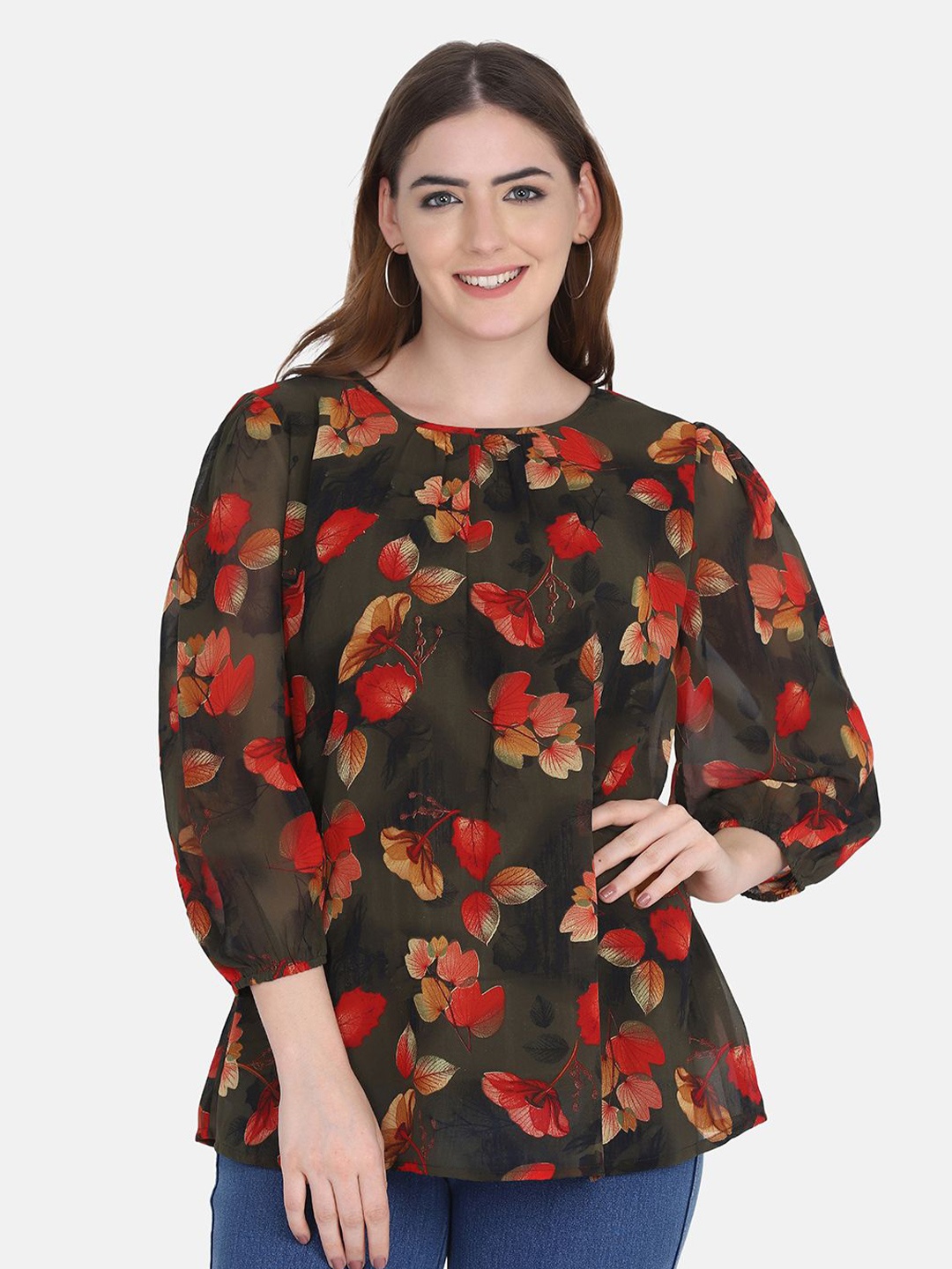 

FUTURO Floral Printed Puff Sleeve Georgette Top, Olive